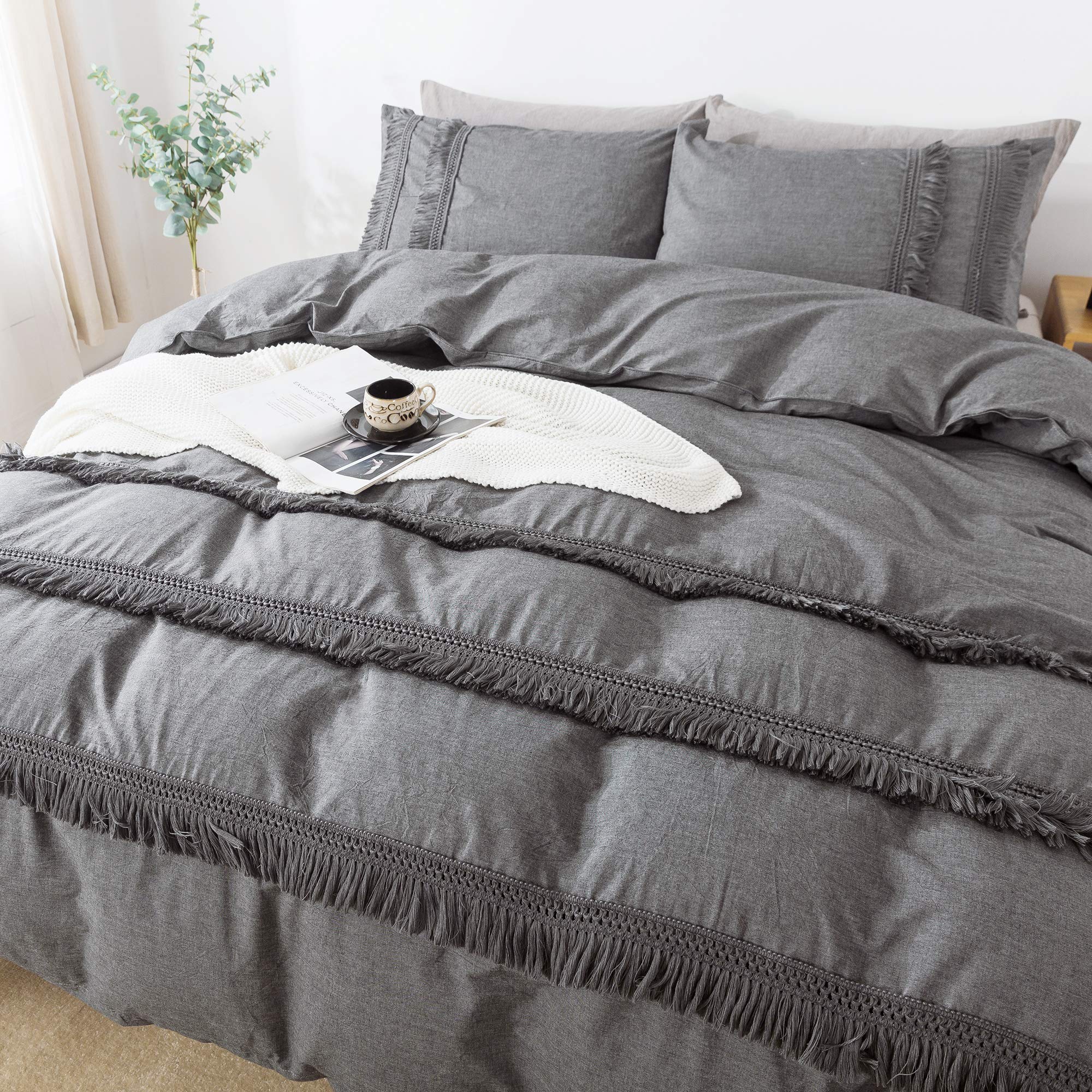 Softta Grey Tassel Bedding Set Queen Size - 100% Washed Cotton 3-Piece Duvet Cover | Bohemian Vintage Style with Hidden Zipper | Perfect for Master Bedroom, Guest Room & Bohemian Home Decor