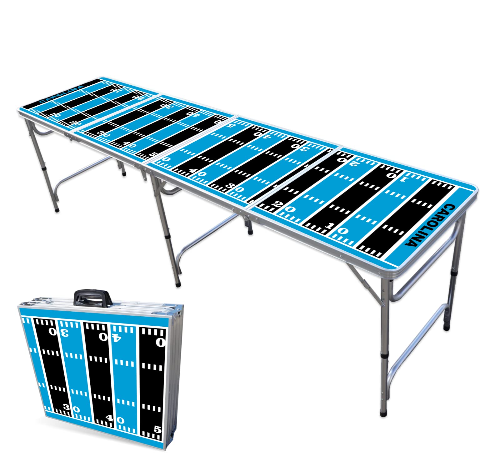 8-Foot Folding Portable Beer Pong Table with LED Lights & Optional Cup Holes - Carolina Football Field Design for Outdoor Parties, Tailgating & Backyard Games (Multiple Models Available)
