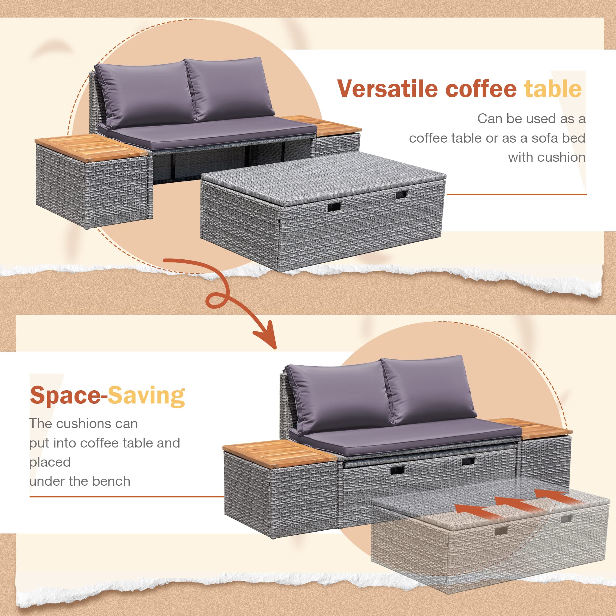 Greesum 7-Piece Outdoor Patio Furniture Set, Multifunctional Wicker Sectional Sofa with Cushions, Chaise Lounge, Storage Ottoman & 2 Side Tables - Perfect for Backyard, Porch, Poolside, Garden & Lawn (Gray)