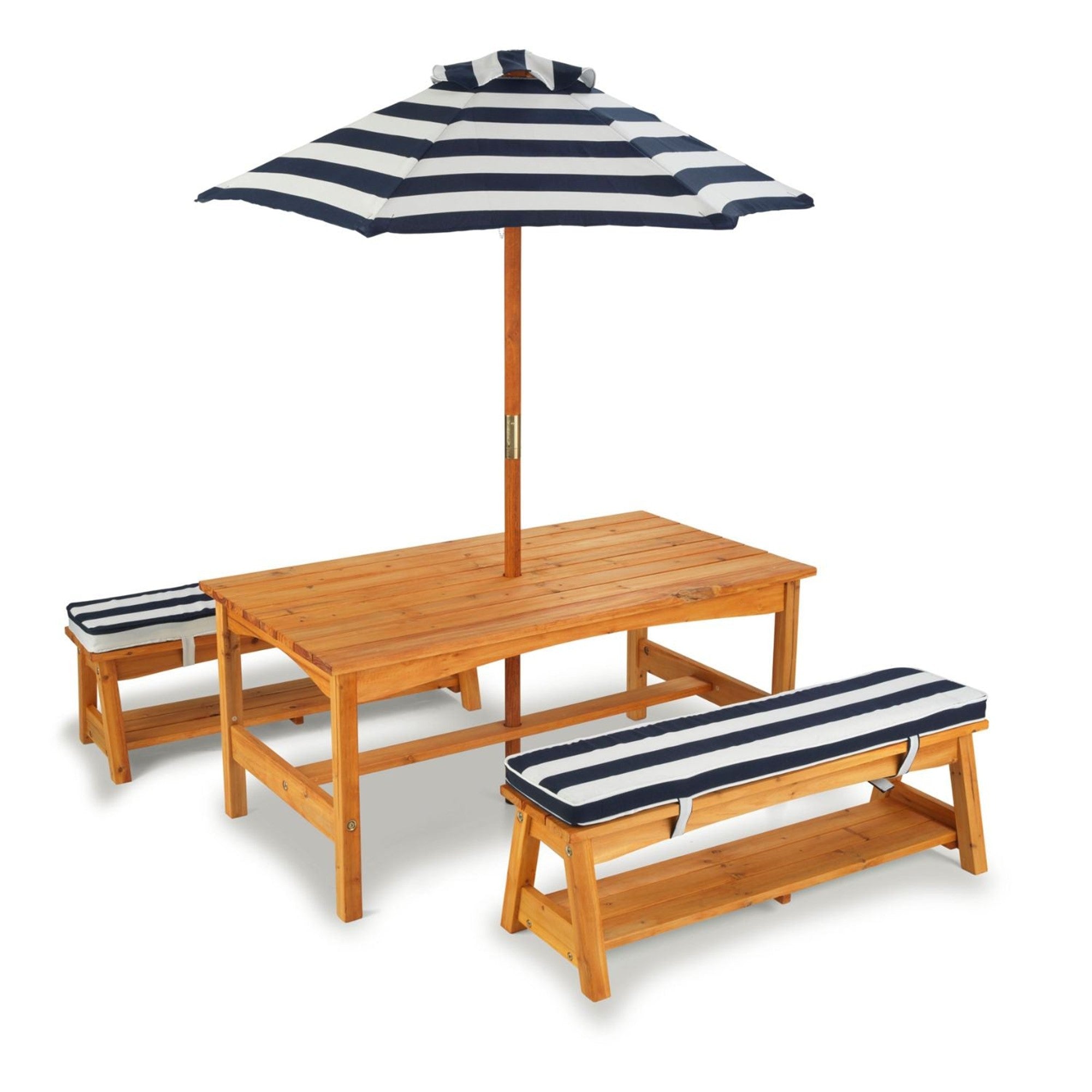 KidKraft Outdoor Table and Bench Set with Cushions & Umbrella - Navy & White Stripes - Perfect for Backyard, Patio, and Garden Playtime for Kids