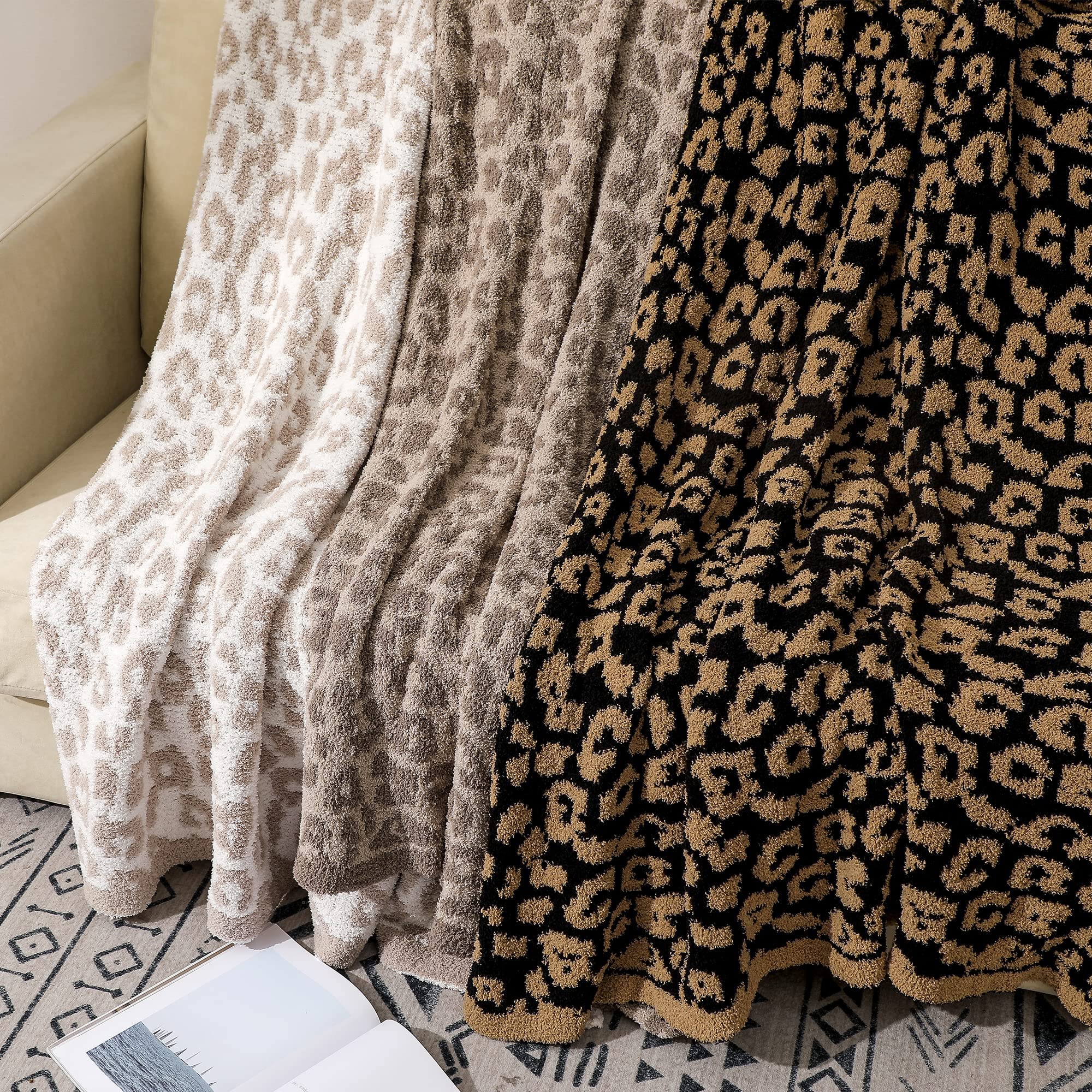 Bearberry Fuzzy Leopard Print Knitted Throw Blanket - Ultra Soft Cozy Microfiber Blanket for Couch, Sofa, Bed & Travel - Warm & Breathable (Linen/Warm Gray, 51x70 inches) - Perfect for Winter Nights, Movie Time & Home Decor