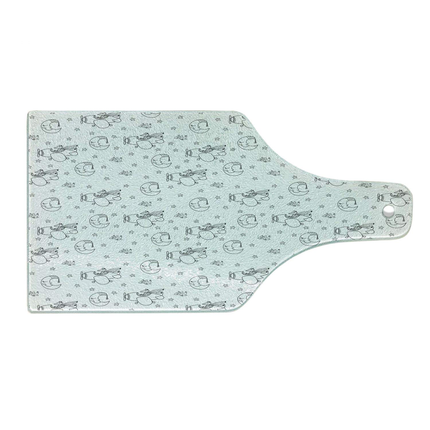 Ambesonne Airplane Themed Tempered Glass Cutting Board - Restful Good Night Design with Sleeping Fox Pilot, Crescent Moon & Stars - Decorative Serving Tray for Kitchen, Charcuterie & Wine Bottle Display - Black & White Pattern - Perfect for Entertaining, Gifts & Home Decor