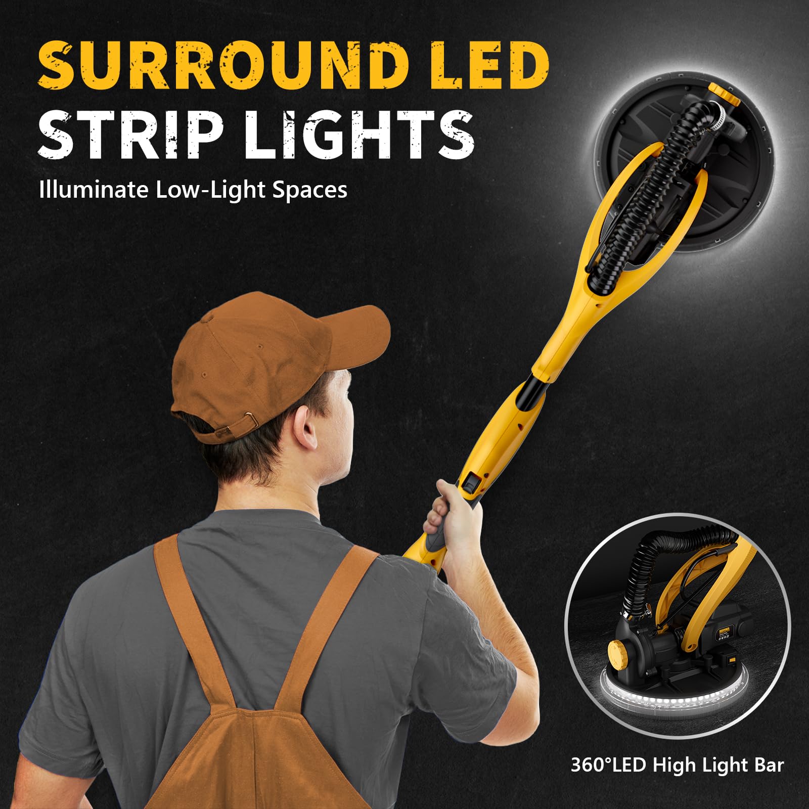 1050W Electric Drywall Sander with Vacuum Dust Collection - 2100RPM Wall Sander with 7 Speed Settings, Foldable Handle & LED Lights - Perfect for Home Renovation, Drywall Repair and Professional Construction Projects