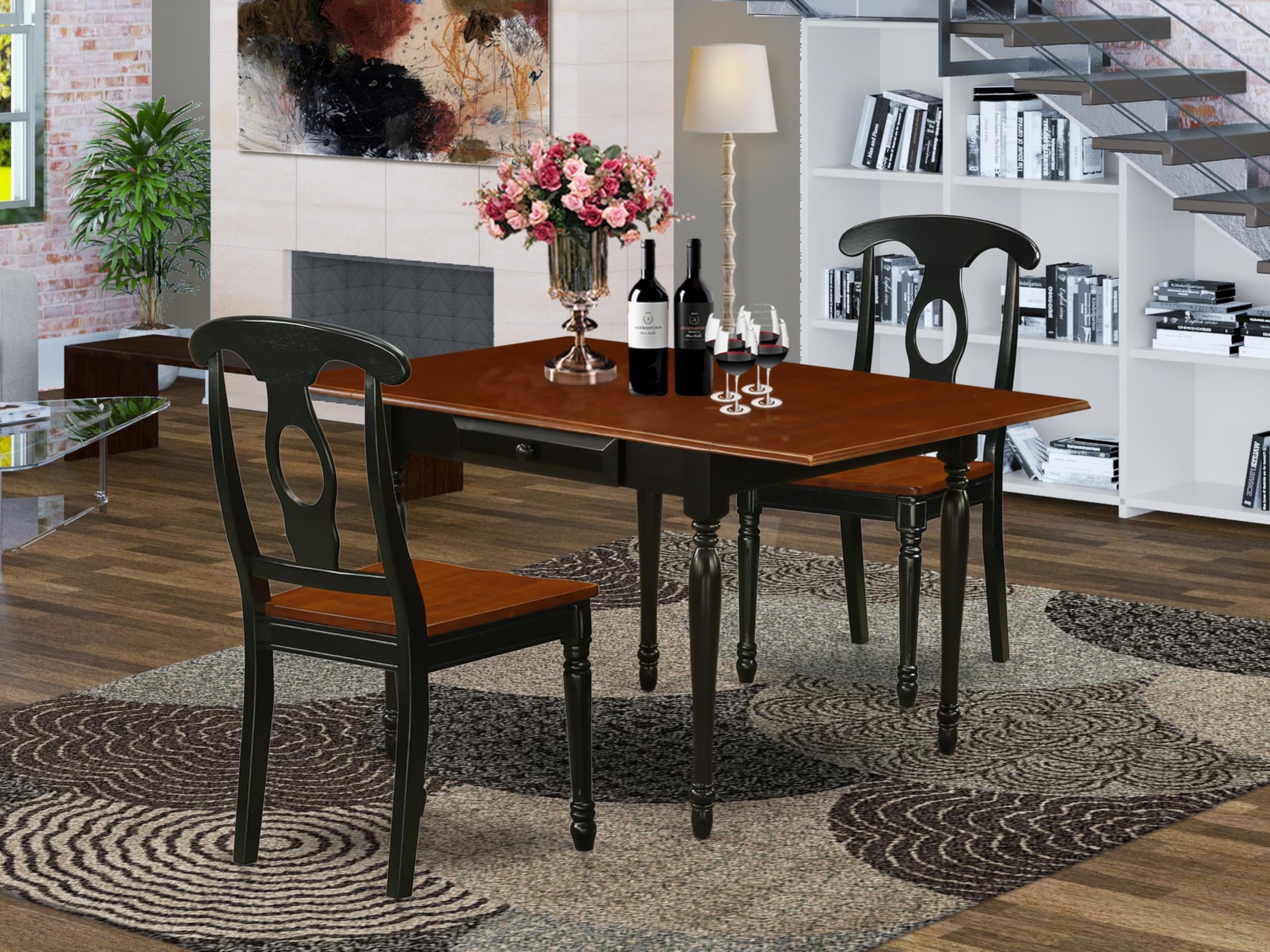 Modern 3-Piece Dining Table Set with Drop-Leaf & 2 Chairs - 36x54 Inch Rectangle Wood Table in Black & Cherry | East West Furniture MZKE3-BCH-W | Perfect for Small Spaces, Apartments & Cozy Kitchens