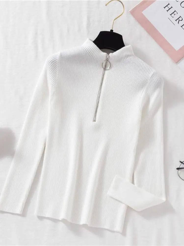 Vintage Solid Knitted Long Sleeve Zip-Up Half Turtleneck Sweater for Women - Cozy Winter Pullover for Casual Outfits & Office Wear
