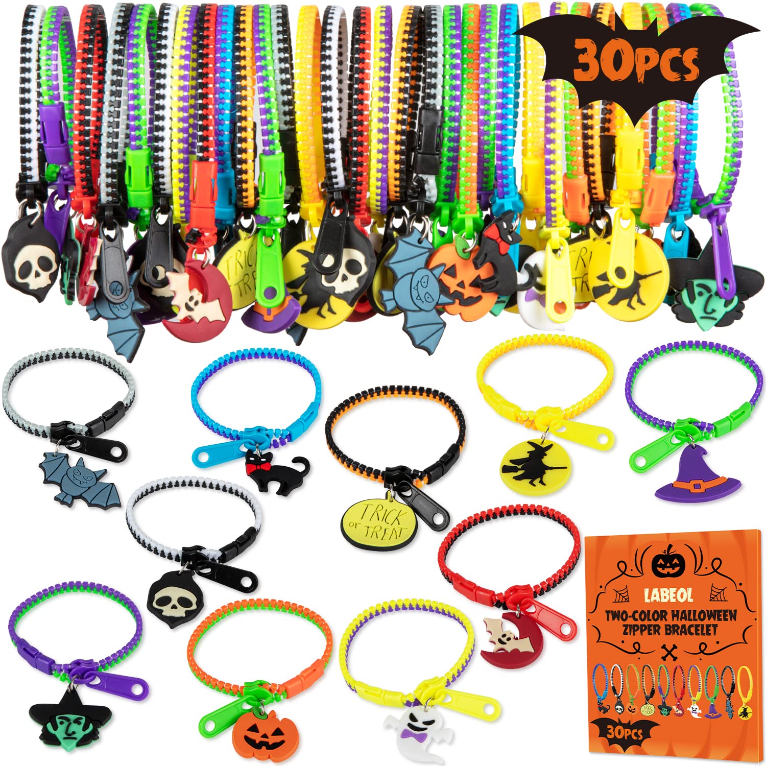 Labeol Halloween Party Favors - 30PCS Zipper Bracelets for Kids, Fun Fidget Toys & Halloween Giveaways - Perfect for Trick-or-Treat Goodie Bags, Classroom Prizes & Costume Party Supplies