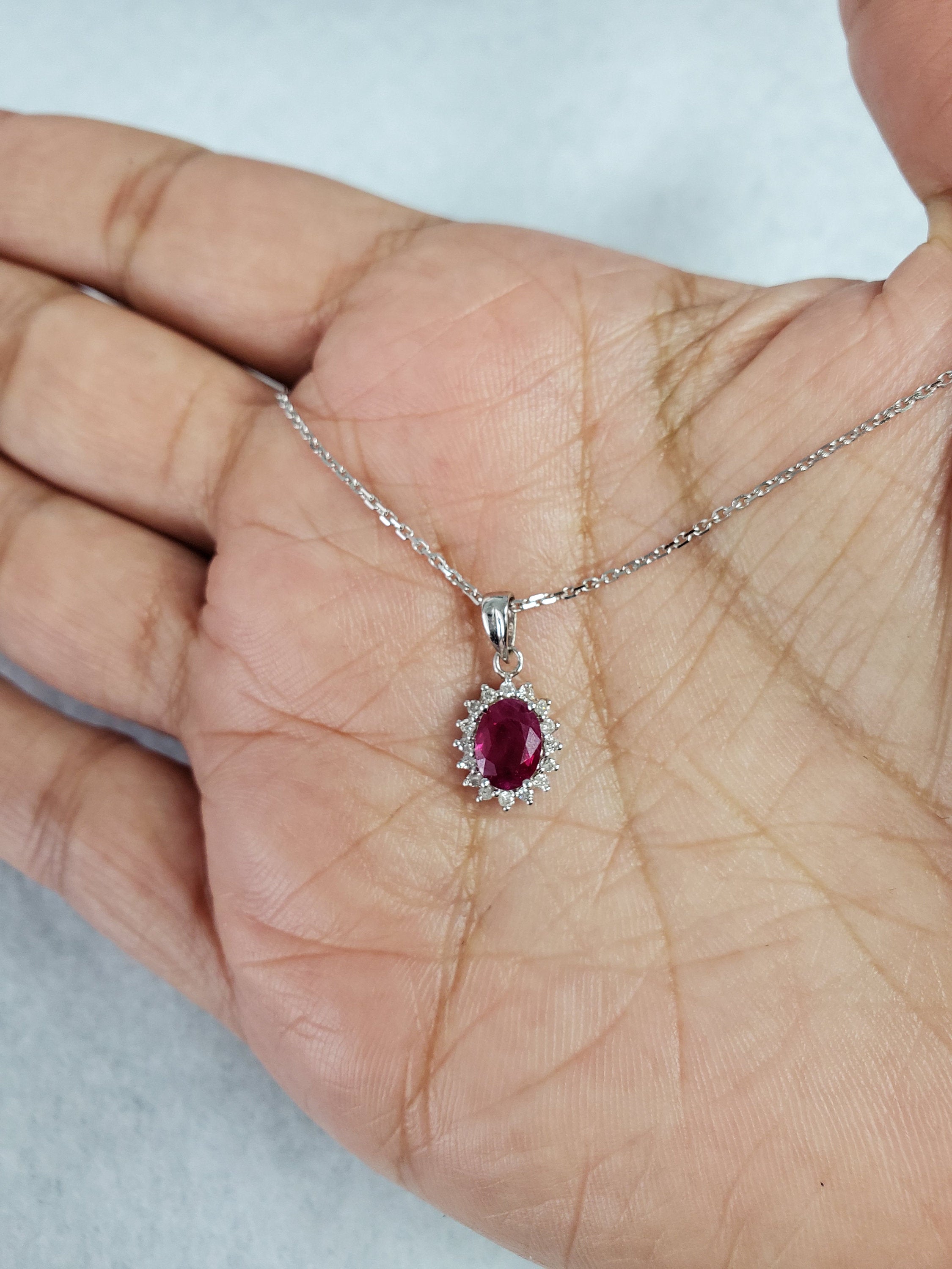 1.12cttw Ruby & Diamond Halo Pendant Necklace in 14K White Gold - Elegant Jewelry for Women, Perfect for Weddings, Anniversaries & Gifts