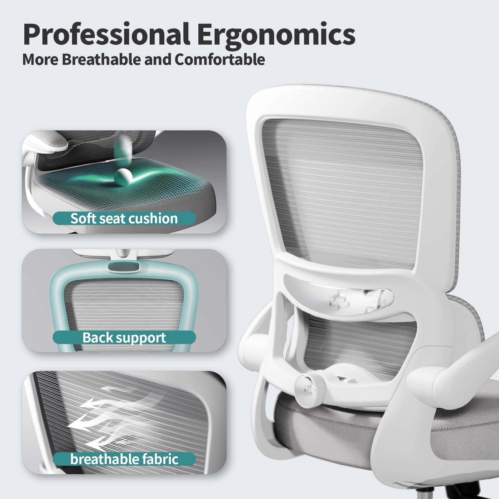 Ergonomic Office Chair with Adjustable Lumbar Support - Mesh Back Computer Desk Chair for Home Office - Executive Swivel Task Chair with Comfortable Seat - Perfect for Long Work Hours & Video Conferencing (Grey)