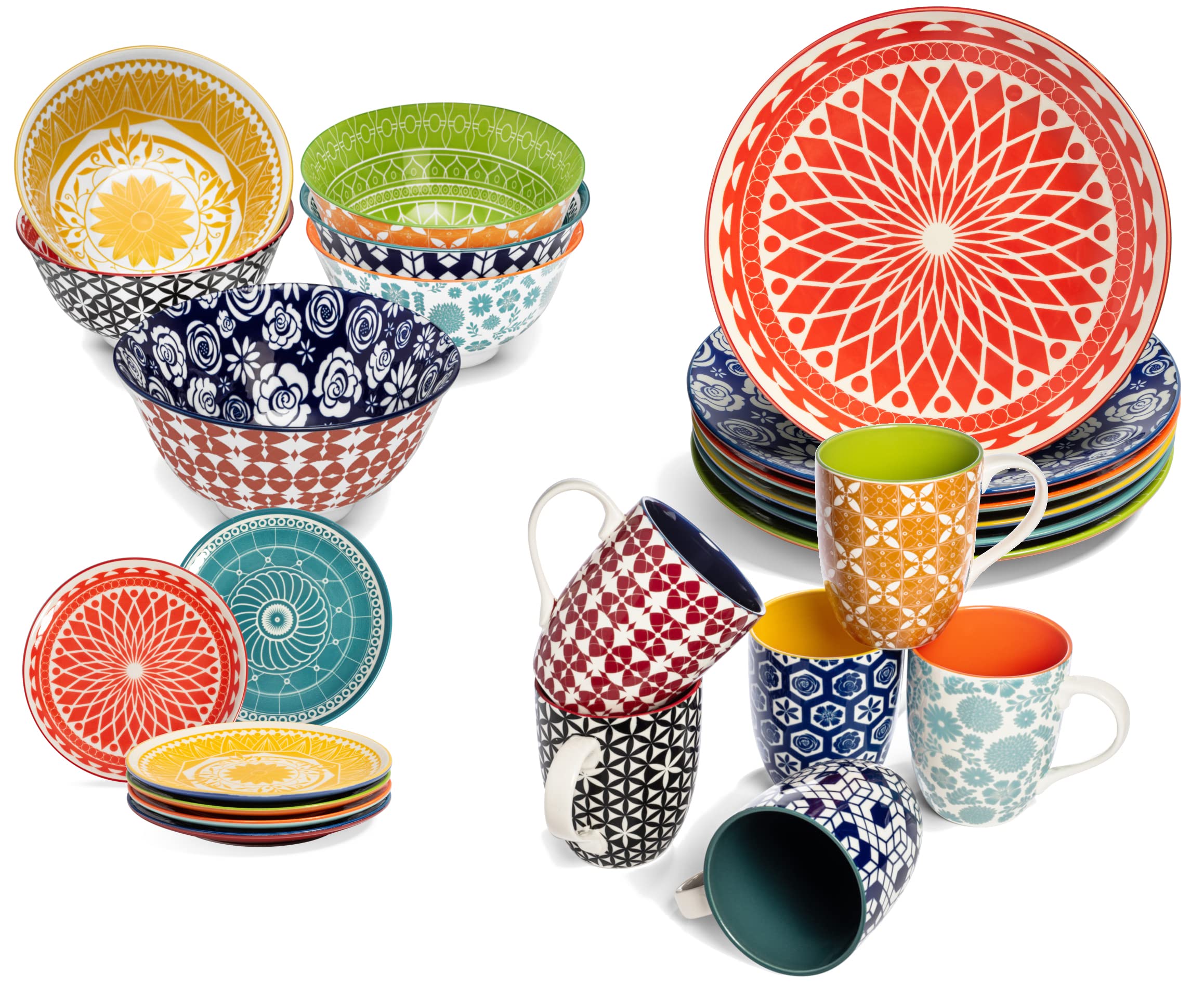 Annovero 16-Piece Porcelain Dinnerware Set - Microwave & Dishwasher Safe Mugs, Bowls, Plates for Cereal, Dinner & Dessert | Colorful Kitchen Dishes for Everyday Use, Parties & Gifts
