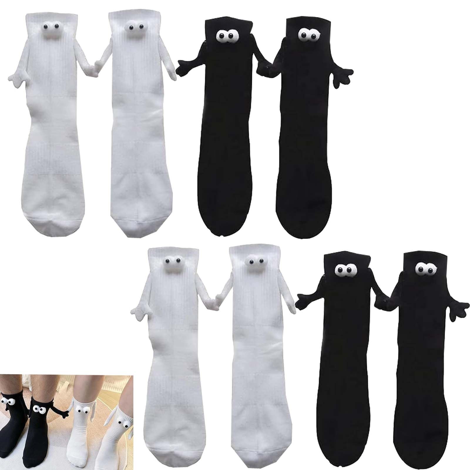 Funny Magnetic Couple Socks - 3D Doll Holding Hands Socks for Couples (4 Pairs White) | Perfect Gift for Valentine's Day, Anniversary & Romantic Date Nights