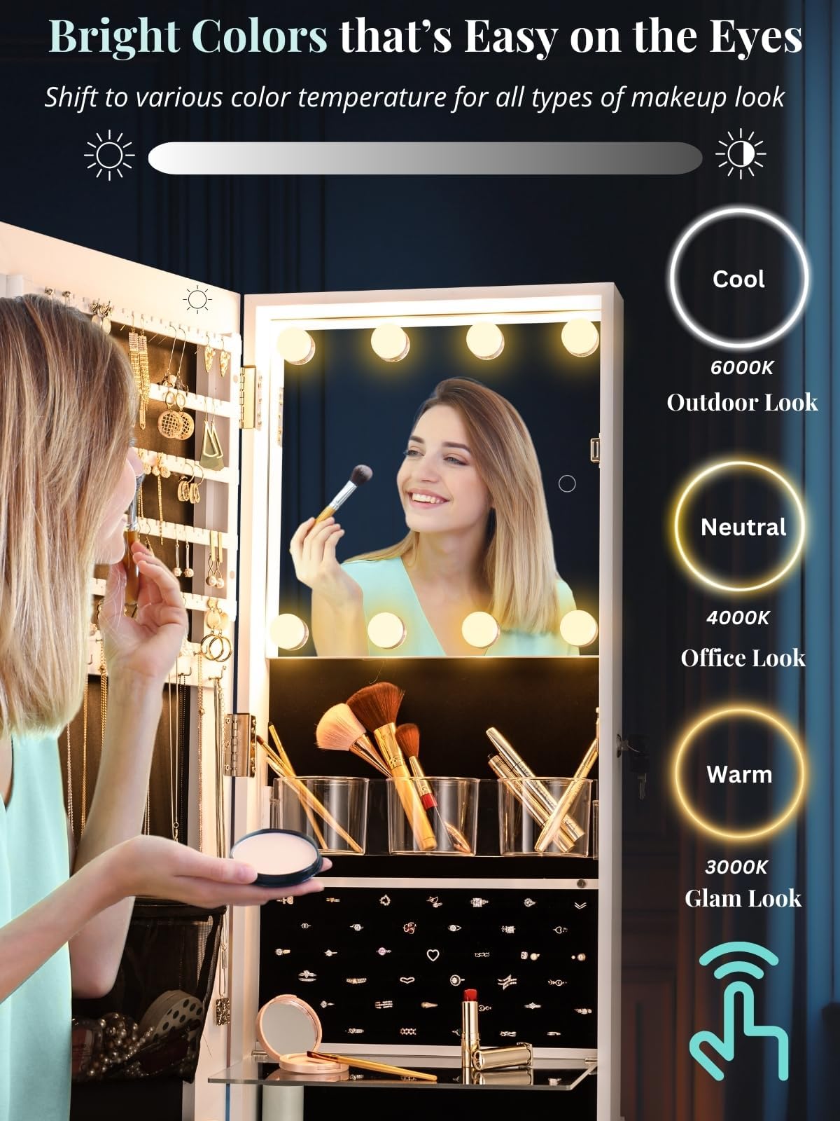 LUXFURNI 8 LED Rotating Jewelry Armoire with Full Length Mirror - 66