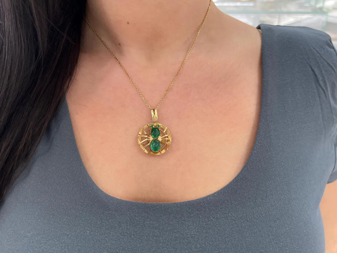 5.23ct Colombian Emerald Cabochon Oval Spider Pendant Necklace - Handmade Sterling Silver Jewelry for Women, Gothic Fashion Accessory, Perfect for Halloween, Cosplay & Unique Gift Giving
