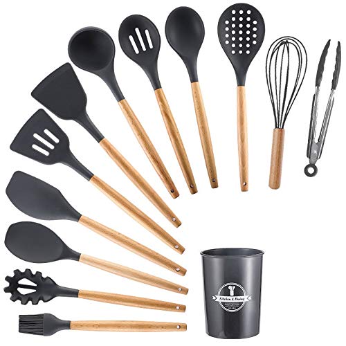 12-Piece Silicone Kitchen Utensil Set with Wooden Handle - Non-Slip Heat-Resistant Cooking Tools for Baking, Frying & Serving (13 Colors Available) - Perfect for Home Chefs & Gift Giving