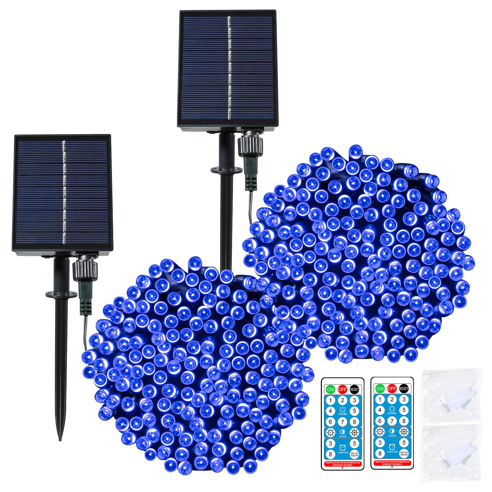 Blue Solar Christmas String Lights Outdoor - 2 Pack 75.5ft 200 LED Fairy Lights with Upgraded Solar Panel, 8 Modes & IP65 Waterproof - Perfect for Tree, Garden, Patio, Wedding, Party and Yard Decoration