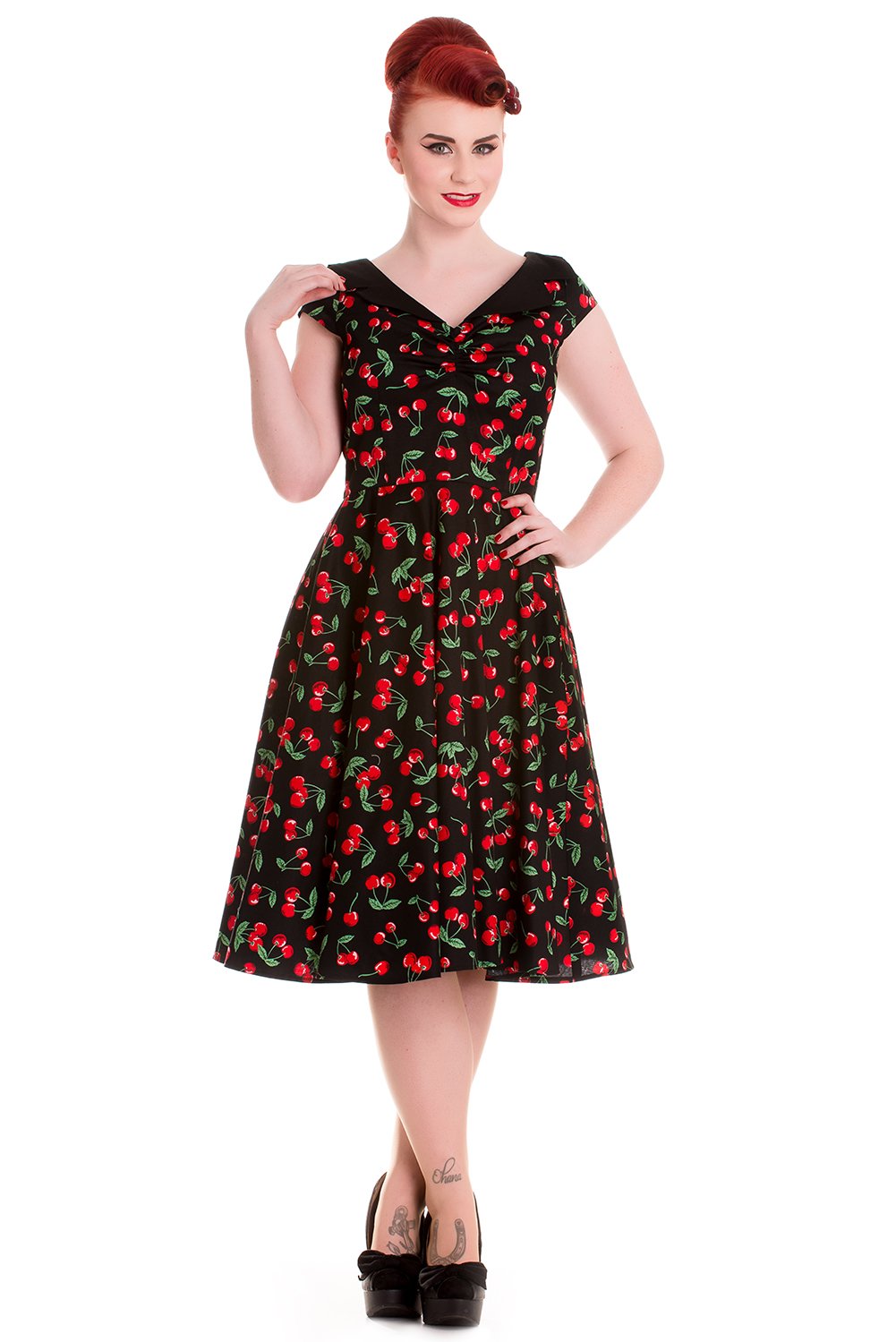 Hell Bunny Sweet Cherry Pop 50's Pinup V-Neck Flare Party Dress - Vintage Retro Swing Dress for Women, Pinup Style Cherry Print Cocktail Dress for Parties, Dances & Special Occasions