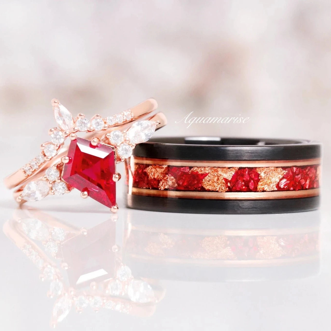 Skye Kite™ Ruby & Rose Gold Leaf Couple Rings for Women & Men - Romantic Matching Wedding Bands, Anniversary Gift for Her & Him - Perfect for Valentine's Day, Engagement & Special Occasions