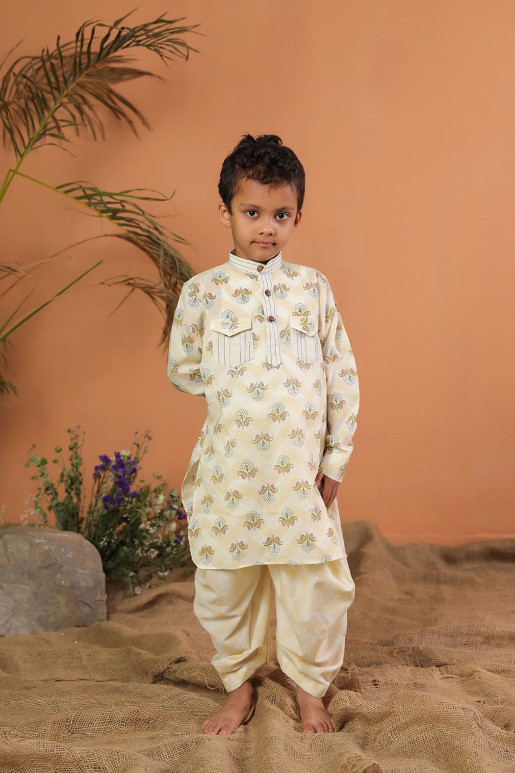 Boys Floral Cotton Kurta Set in Beige - Pre Order Now | Comfortable & Stylish Indian Ethnic Wear for Festivals, Weddings & Special Occasions