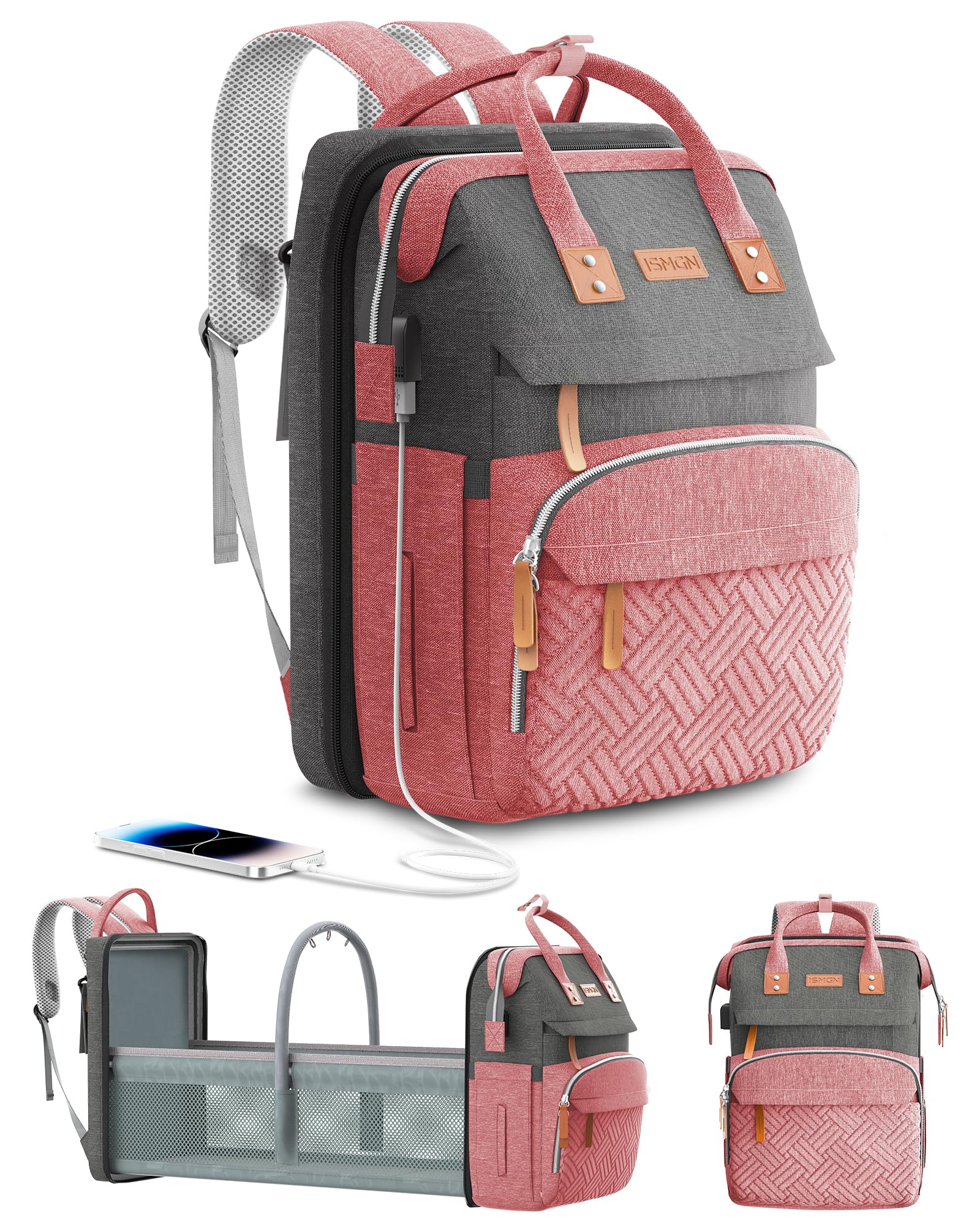 Premium Diaper Bag Backpack with Insulated Bottle Pockets & Foldable Changing Station - Large Waterproof Baby Diaper Bag for Moms, Multifunctional Travel Organizer (Pink Gray) - Perfect for Daycare, Travel & On-the-Go Parenting