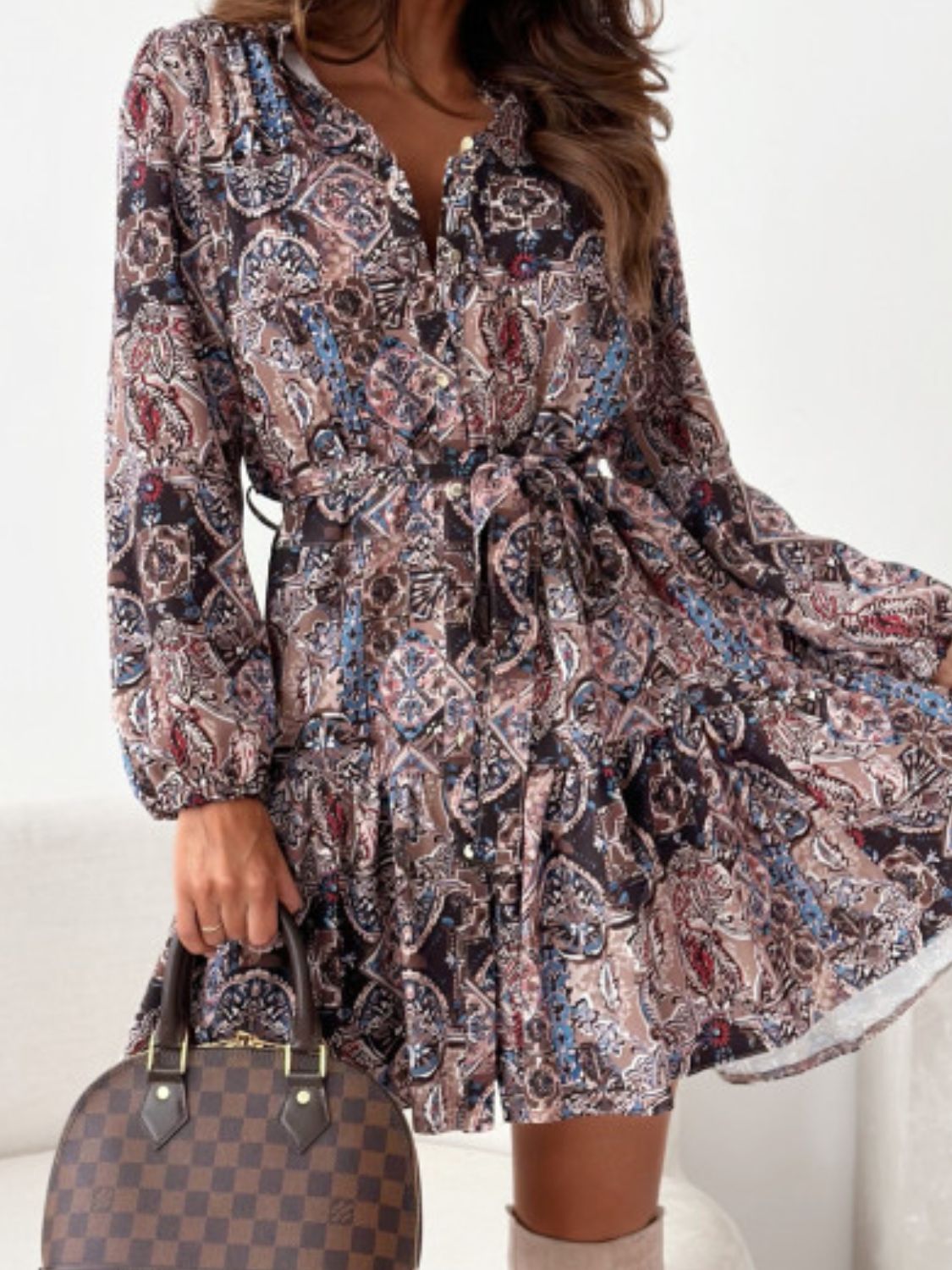 Elegant Floral Long Sleeve Dress with Ruffle Hem - Perfect for Beach Vacations, Resort Wear & Summer Parties