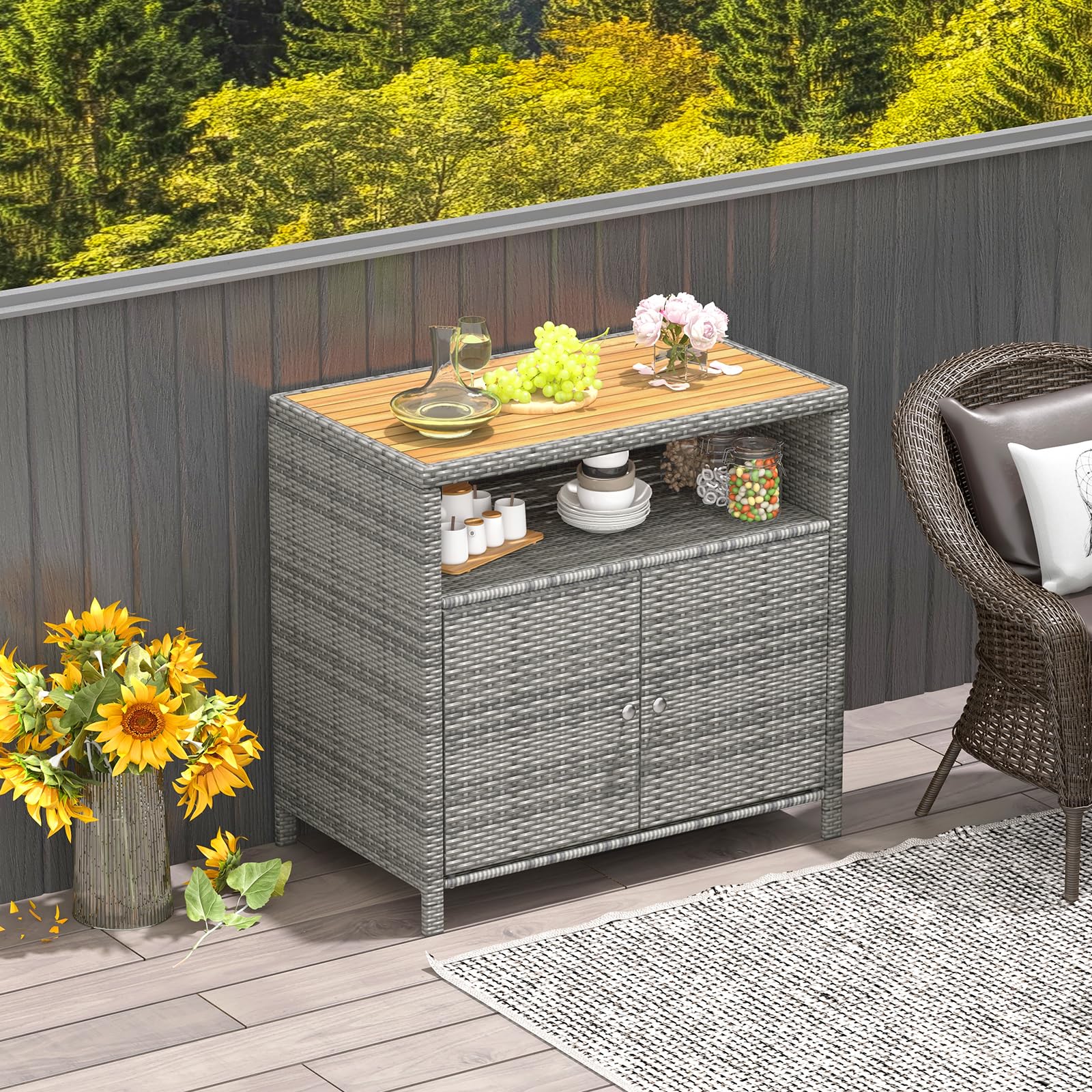 Tangkula Rattan Storage Cabinet with Acacia Wood Countertop - 2-Door Wicker Sideboard for Outdoor Patio, Poolside & Garden - Mix Grey Storage Organizer with Open & Enclosed Compartments