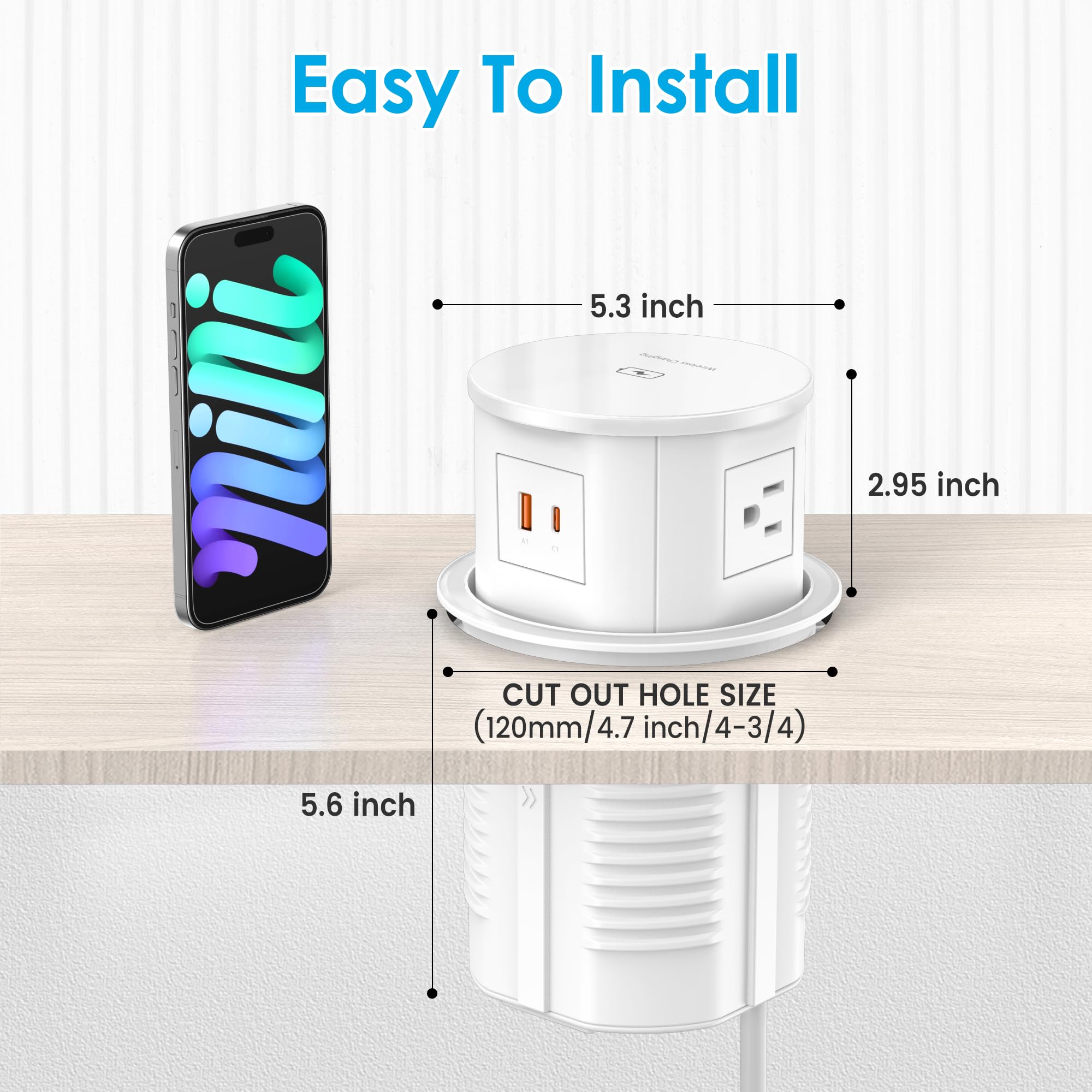 15W Wireless Charger Pop Up Outlet with 4 AC Outlets & 20W PD USB Fast Charging - 4.75 Inch Desk Power Grommet with 6FT Cord for Office, Conference Room, Kitchen, Home and Workspace Use