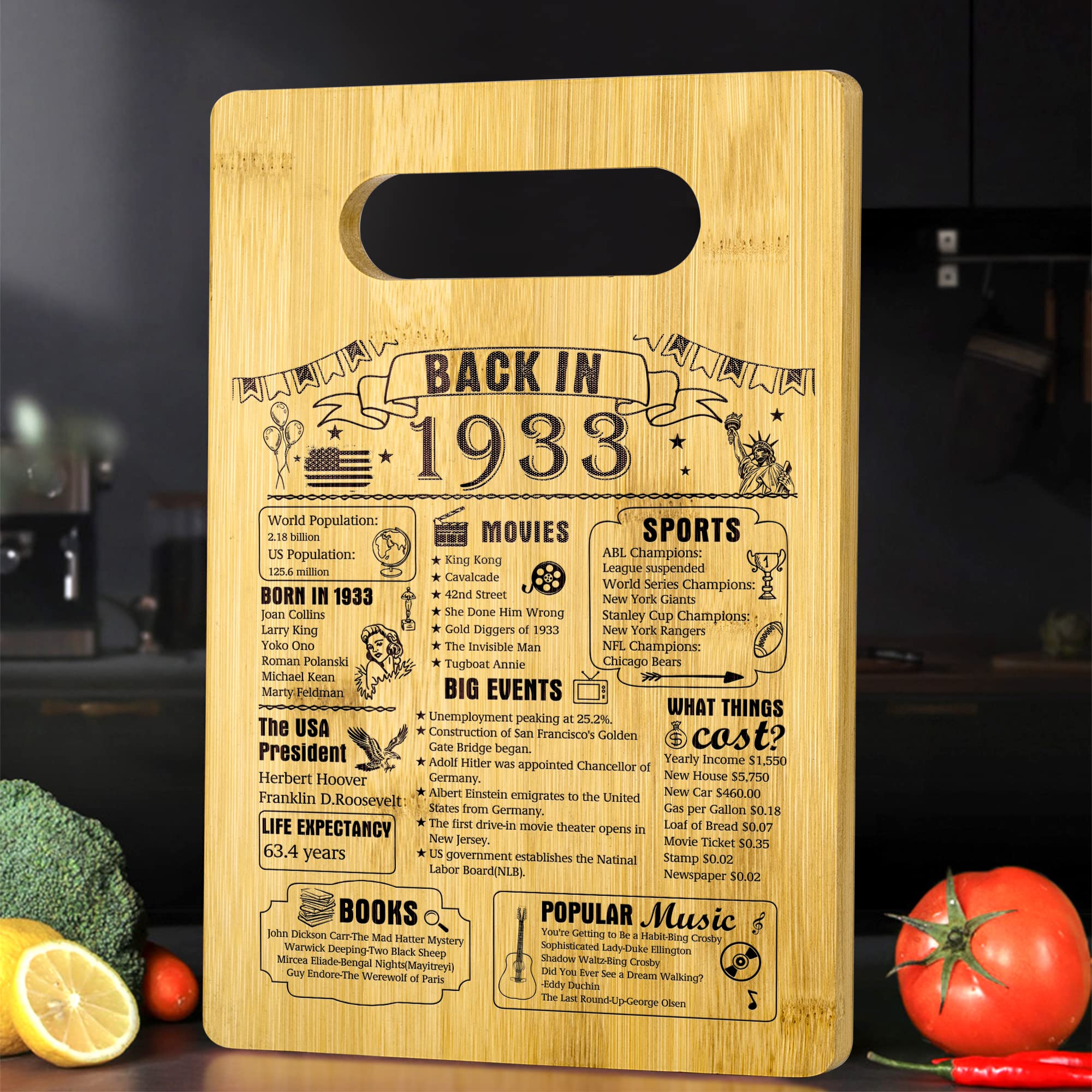 92nd Birthday Gift for Women & Men - Vintage 1933 Themed Wooden Cutting Board - Perfect 92 Year Old Anniversary Present - Great for Kitchen Decor & Milestone Celebrations