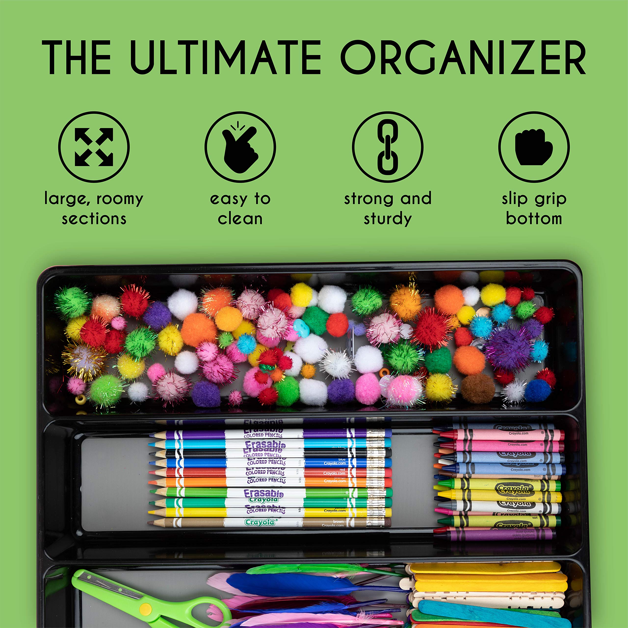 Non-Slip 3 Compartment Kitchen Utensil Organizer - Large Cutlery Drawer Tray Holder for Spoons, Forks & Knives - Multi-Purpose Home Organization Tool (Black) | Perfect for Kitchen Drawers, Pantry Shelves & Countertop Storage