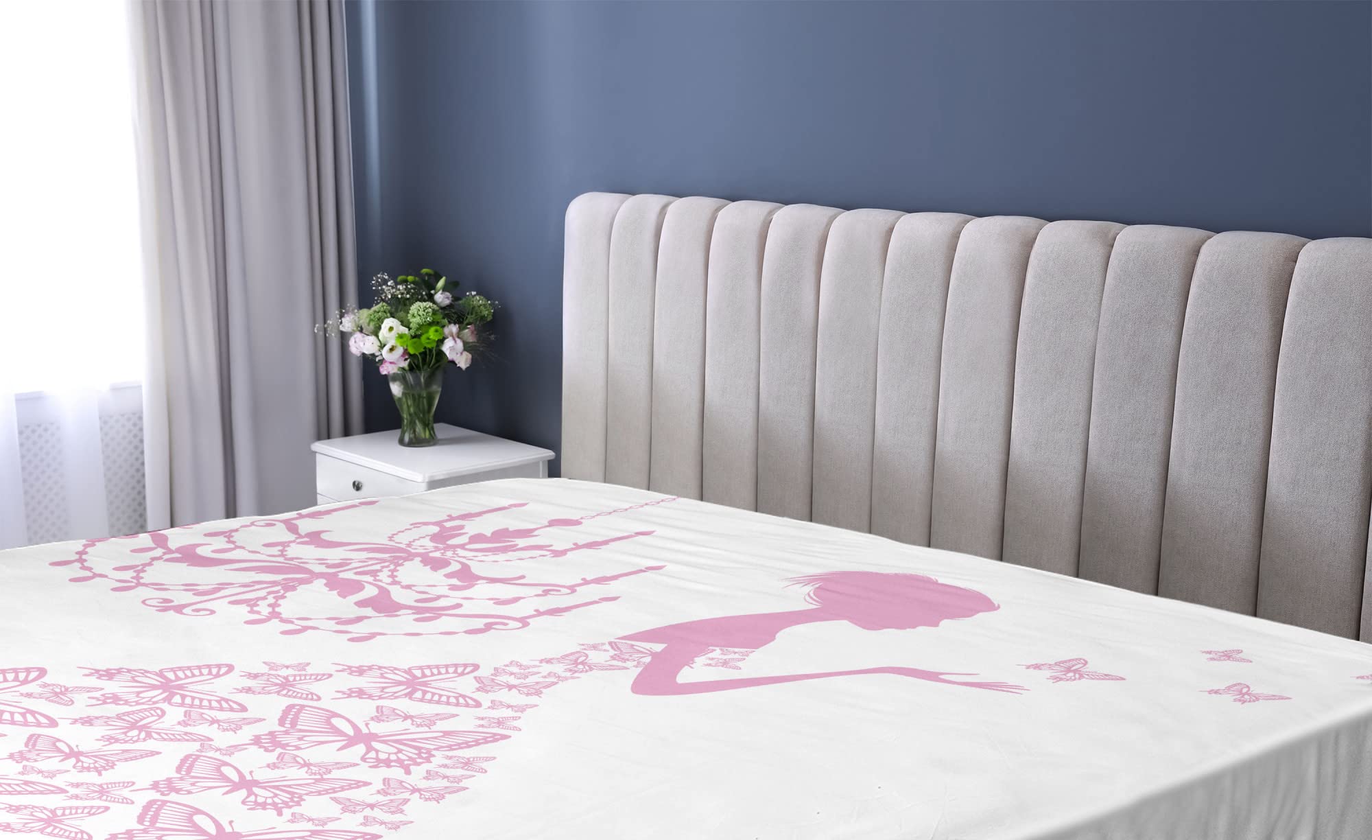 Ambesonne Queen Size Fitted Sheet - Pink & White Butterfly Cartoon Romance Design, Deep Pocket All-Around Elastic Bed Cover for Girls | Perfect for Kids' Rooms, Teen Bedrooms & Romantic Bedroom Decor
