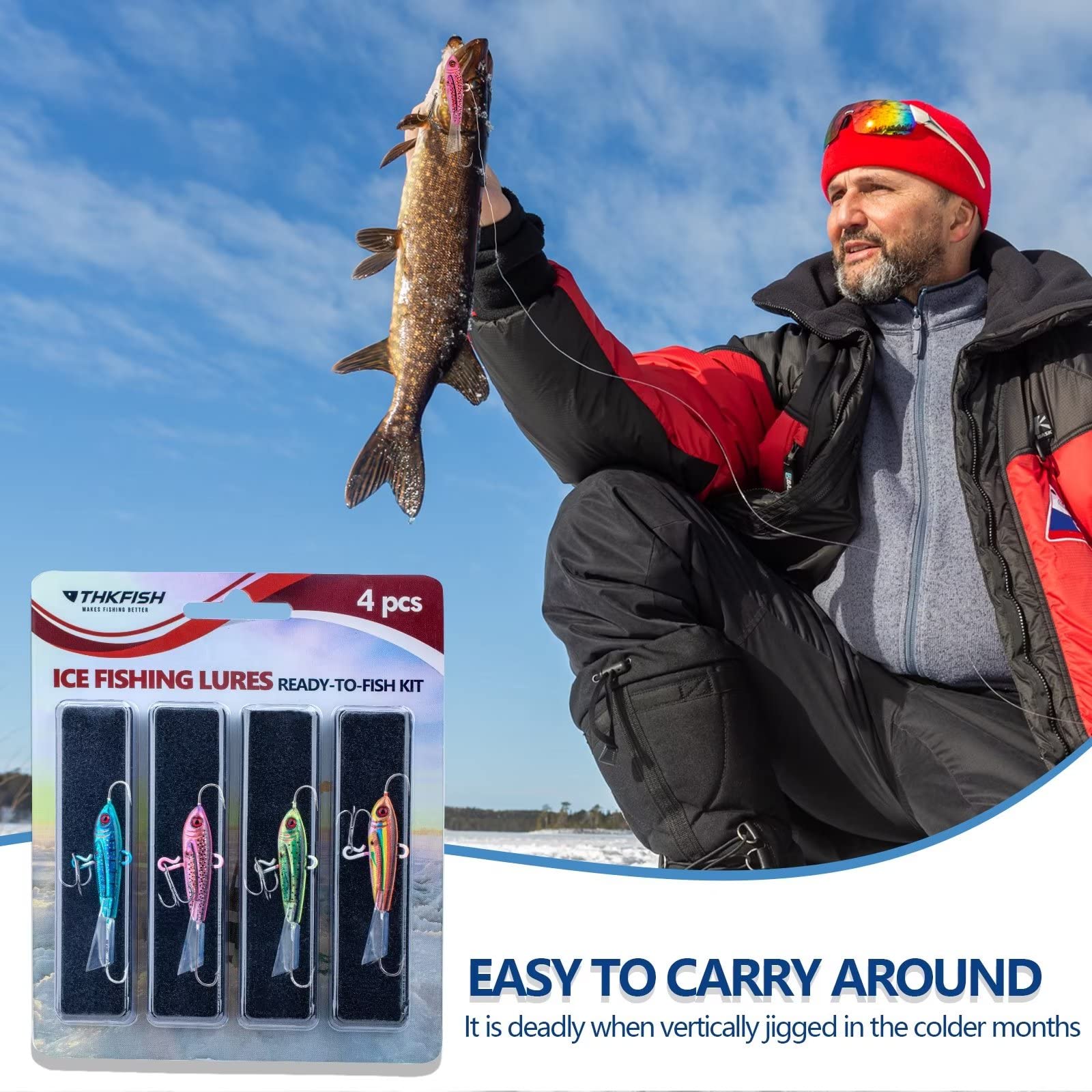 THKFISH Ice Fishing Jigs Kit - 4PCS/8PCS 10g(0.35oz) & 18g(0.63oz) Vertical Lures for Crappie, Panfish, Walleye, Bluegill - Winter Ice Fishing Gear for Freshwater Fishing | Perfect for Ice Anglers & Cold Weather Fishing Adventures