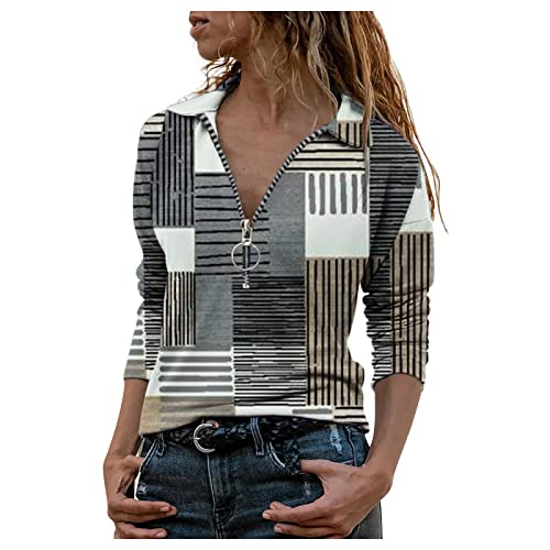 Women's Plus Size Long Sleeve V-Neck T-Shirts with Zipper Detail & Turn Down Collar - Casual Blouse for Work, Date Night & Everyday Wear