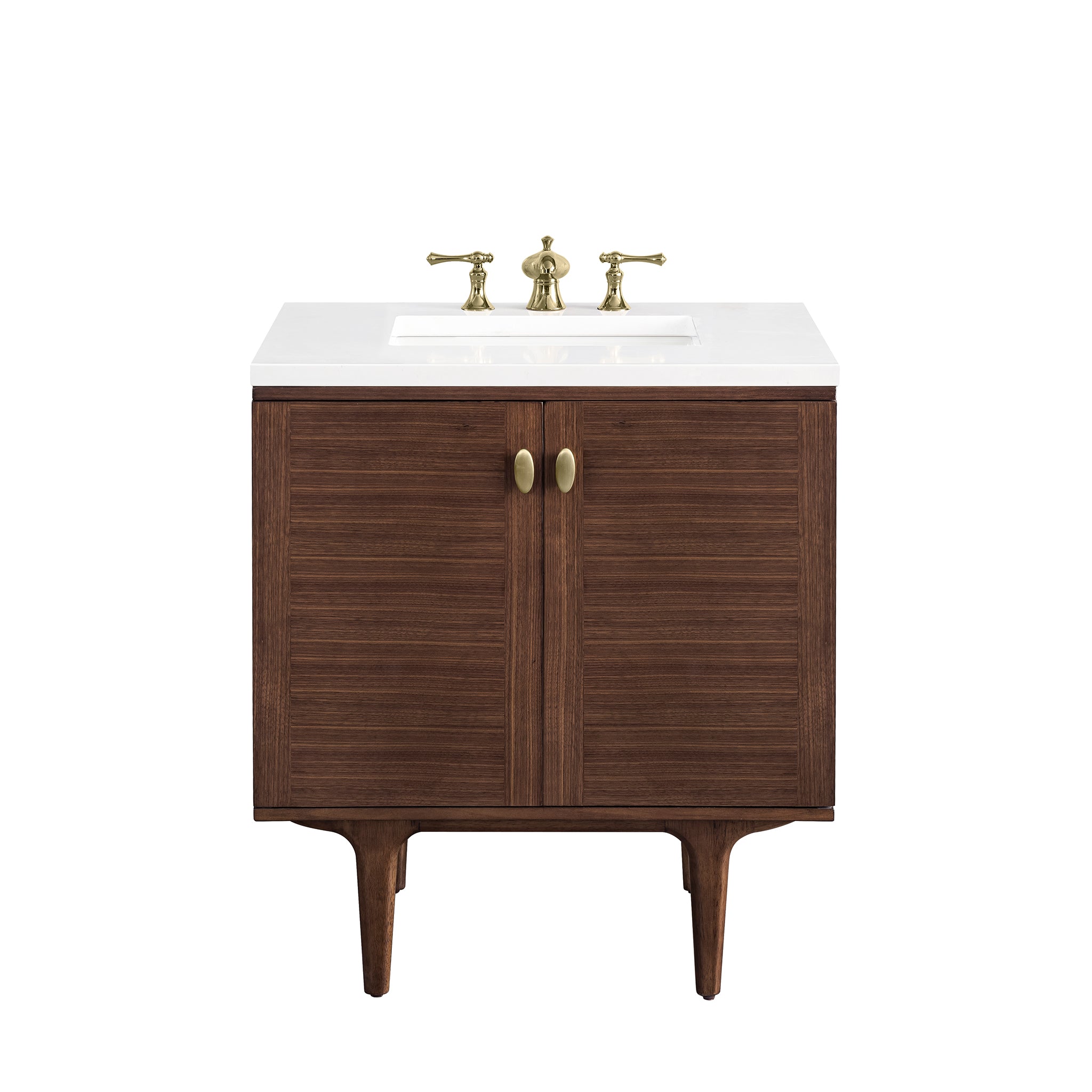 Amberly 30 Inch Single Bathroom Vanity - Mid Century Modern Walnut Finish with 3CM White Zeus Quartz Top - Perfect for Small Bathrooms & Powder Rooms