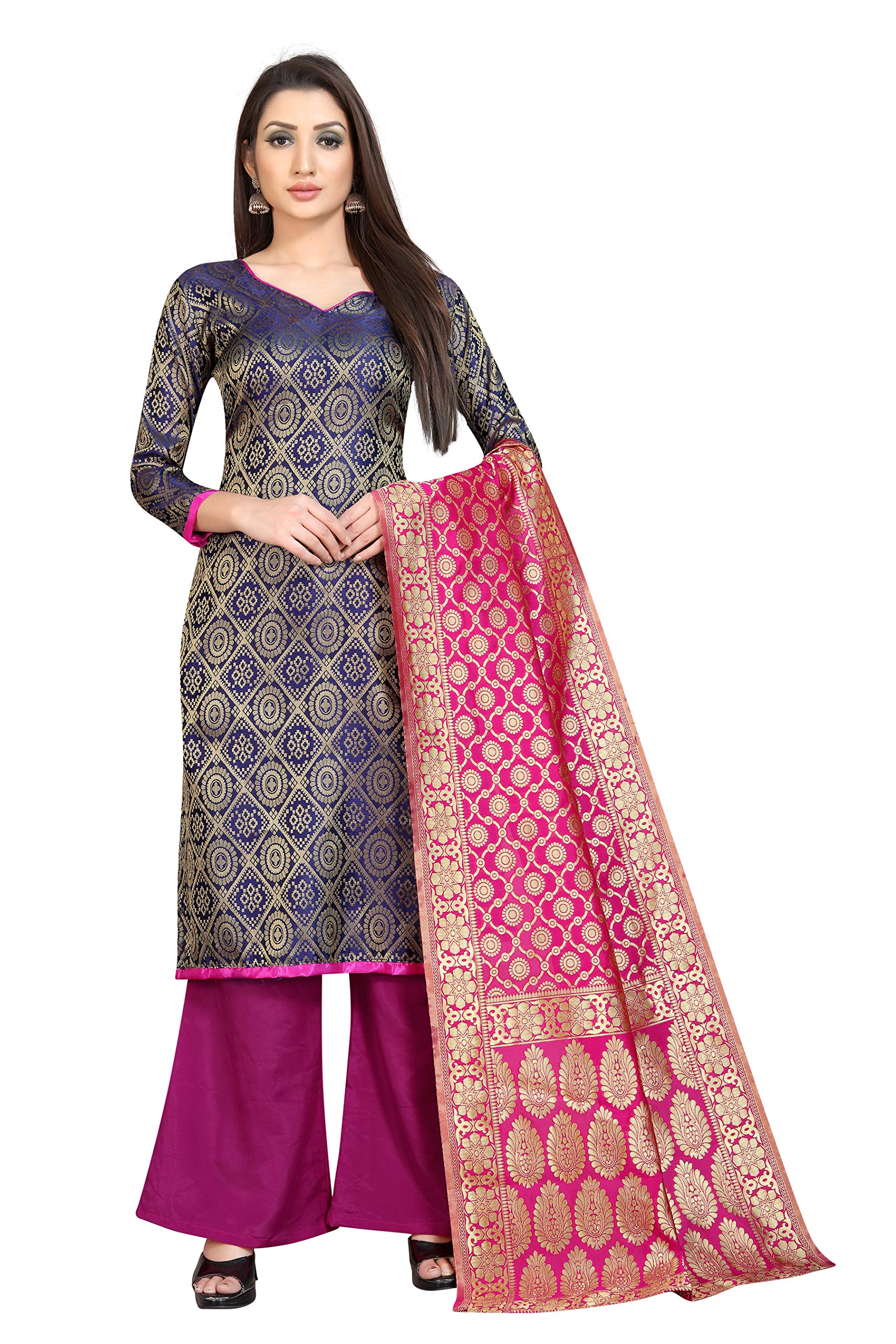 Women's Semi Cotton Floral Print Navy Blue & Hot Pink Salwar Kameez Suit - Elegant Indian Ethnic Wear for Parties, Weddings & Festive Occasions