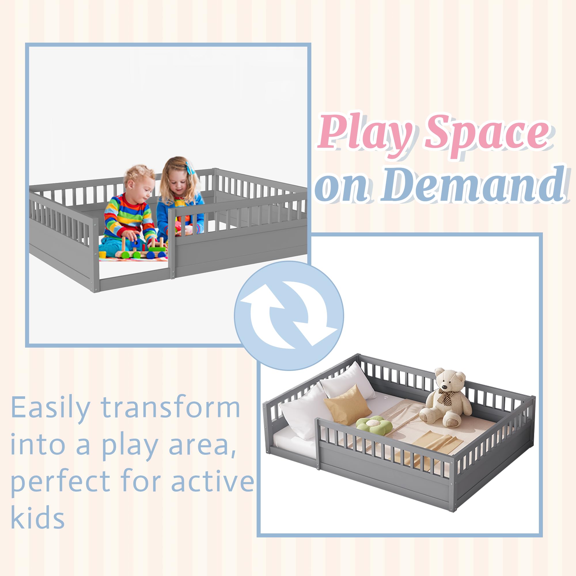 Montessori Floor Bed for Kids - Full Size Wooden Playhouse Bed with High Safety Railings for Baby Boys, Girls & Teens - Gray (No Slats Included) - Perfect for Montessori Bedrooms, Playrooms & Safe Toddler Sleep Spaces