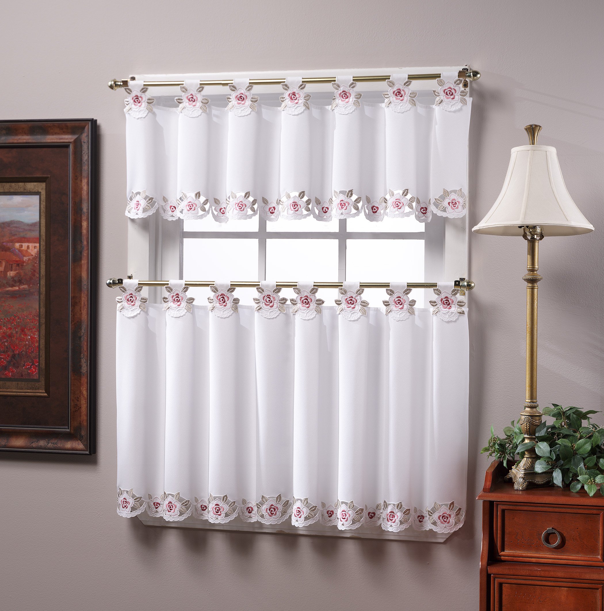 14-Inch Tab Top Curtain Valance - White/Rose Reverse Embroidery Design for Windows, Bedrooms & Living Rooms | Today's Curtain Capri Collection
