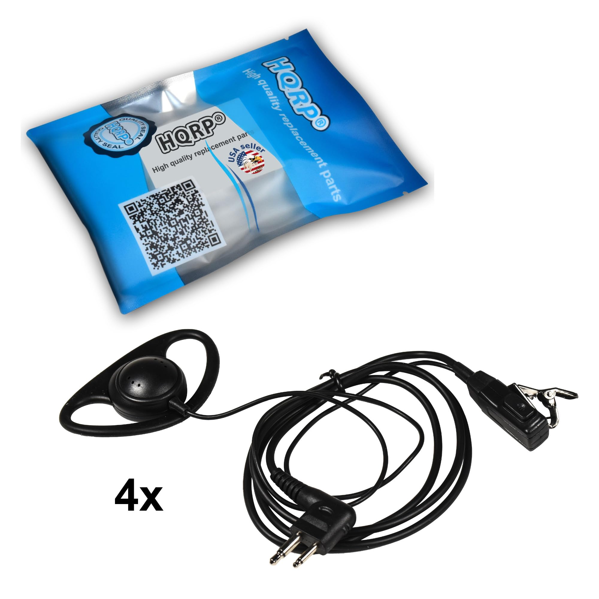 HQRP 4-Pack D-Shaped Earpiece Headset with PTT Mic - Compatible with Motorola CLS1110, CLS1410, CLS1413, CLS1450 - Ideal for Security, Construction & Warehouse Communication