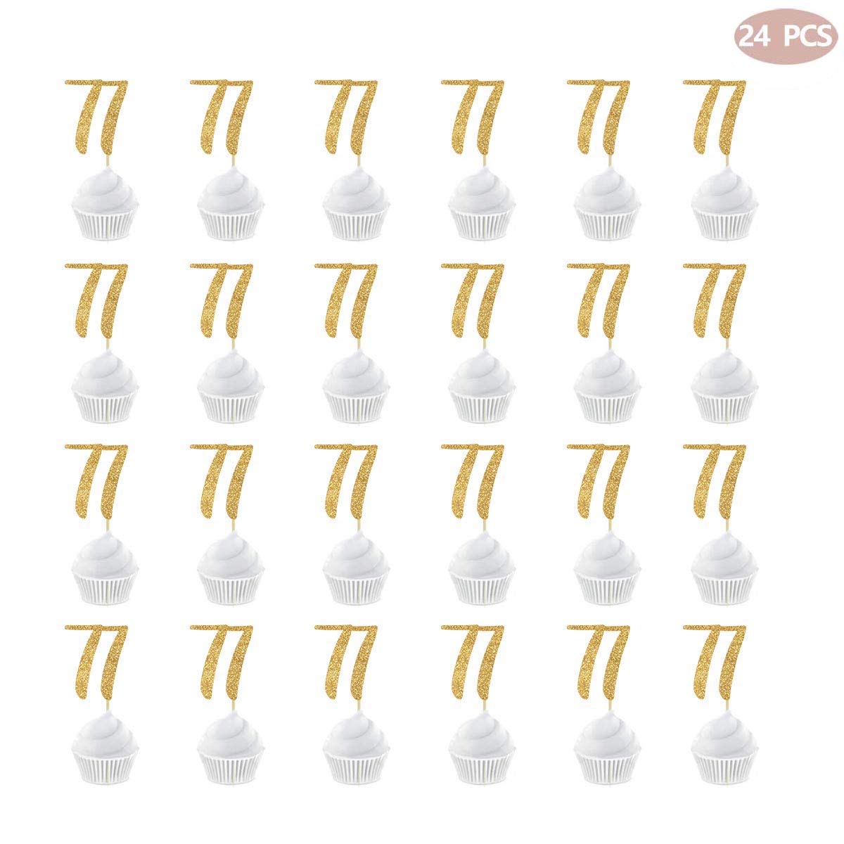 24-Pack Gold Happy 77th Birthday Cupcake Toppers with Glitter Numbers - Elegant Party Decorations for Anniversary Celebrations, Retirement Parties & Milestone Birthday Events