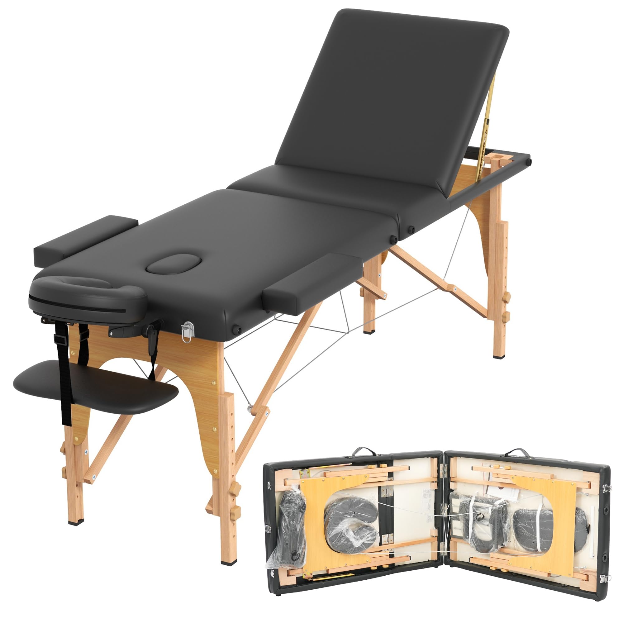 Portable 3-Section Foldable Massage Table - Adjustable Height Tattoo & Lash Spa Bed with Face Cradle - Lightweight Wood Frame Salon Bed for Home & Professional Use - Perfect for Massage Therapists, Tattoo Artists & Beauty Salons (Black)
