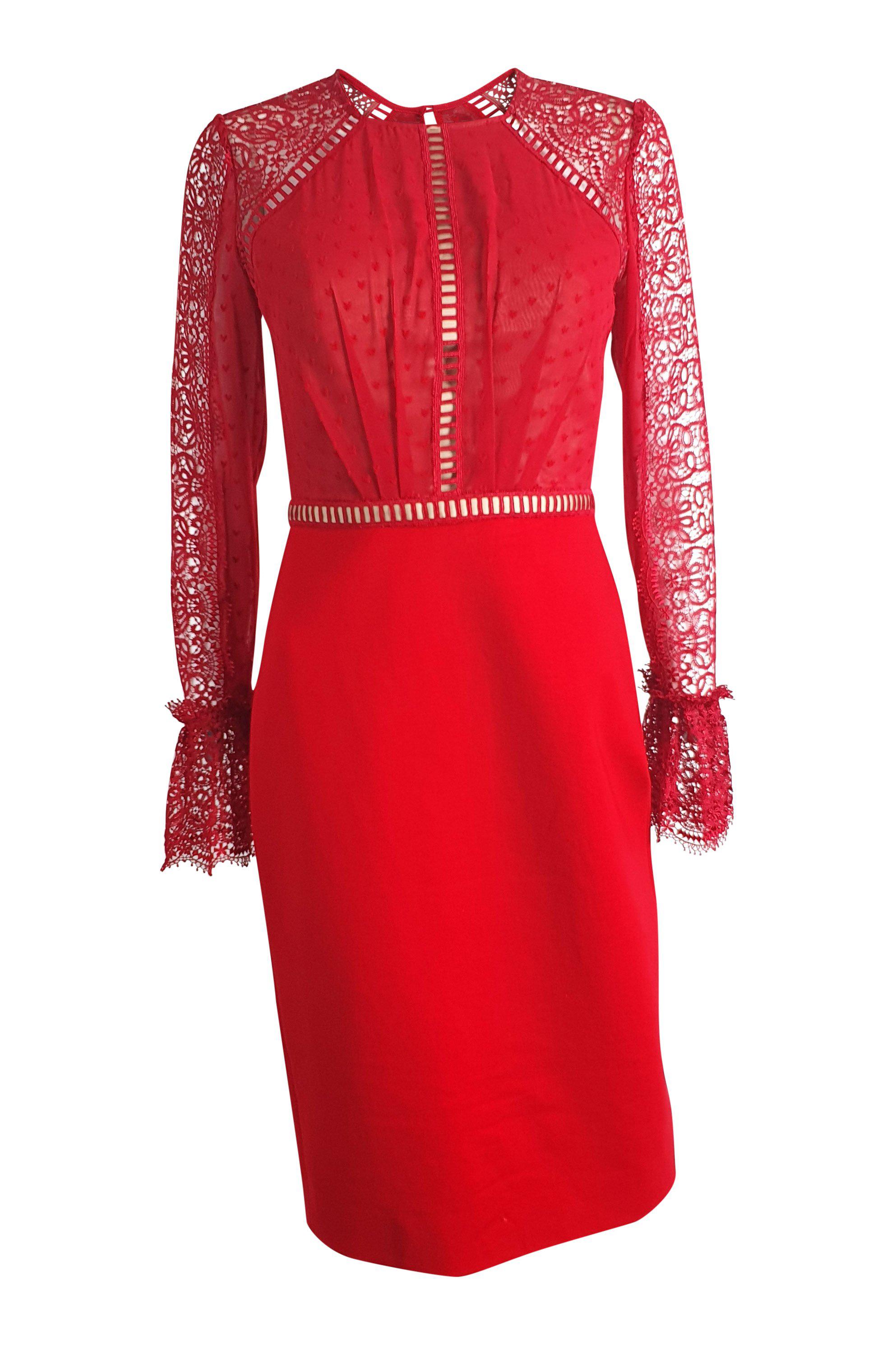 CATHERINE DEANE Nieve Macramé Lace Swiss Dot Chiffon Red Cocktail Dress | UK Size 8 | Perfect for Weddings, Parties & Special Occasions