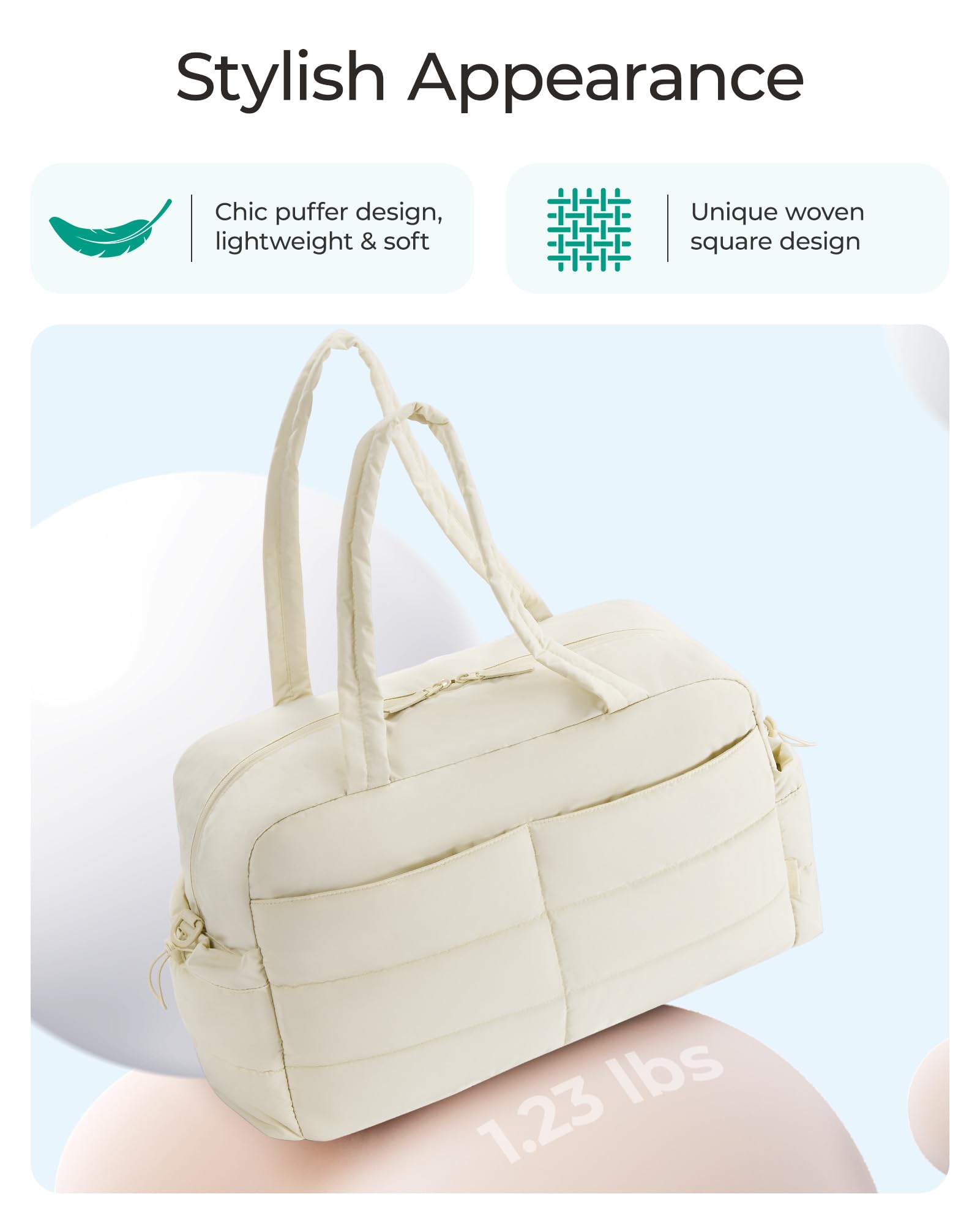 BAGSMART 31L Quilted Puffer Tote Bag - Women's Travel Duffle Bag, Gym Bag & Laptop Carry-On with Organizer | Perfect for Weekender Trips, Overnight Stays & Workouts (Beige)