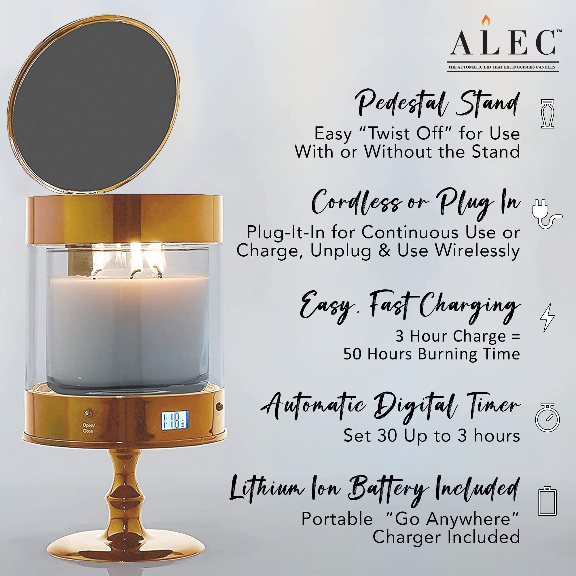 ALEC Clear Hurricane Automatic Candle Holder & Extinguisher with Rechargeable Timer Lid & Stand - Large Bronze Pillar Candle Holder for Votive Candles | Elegant Home Decor for Dining Table Centerpiece, Wedding Reception, and Romantic Ambiance