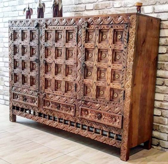 Hand Carved Indian Solid Wood Entryway Console Cabinet with 3 Doors & 3 Drawers - Perfect for Hallway Storage, Living Room Decor & Entryway Organization