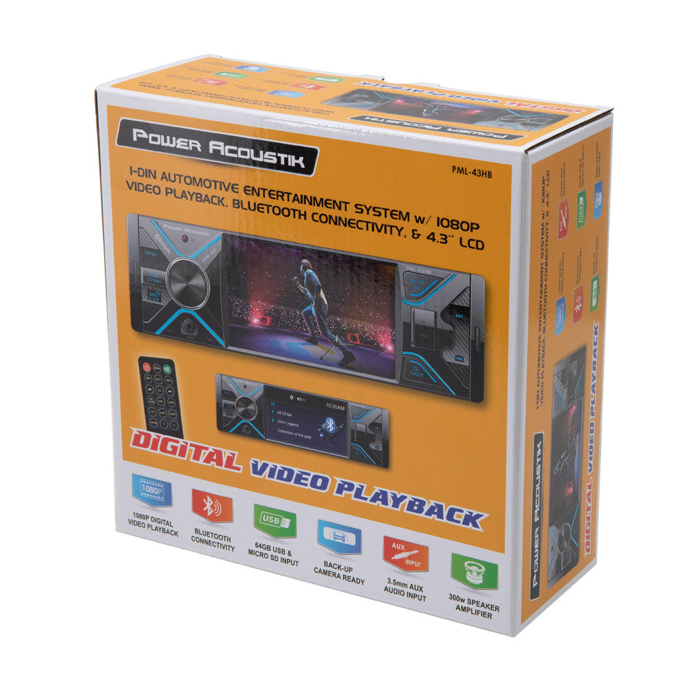 Power Acoustik PML 43HB 4.3 Inch 1 DIN Shallow Mechless Car Stereo with USB, SD Card, Bluetooth - Perfect for Compact Vehicles & DIY Car Audio Upgrades