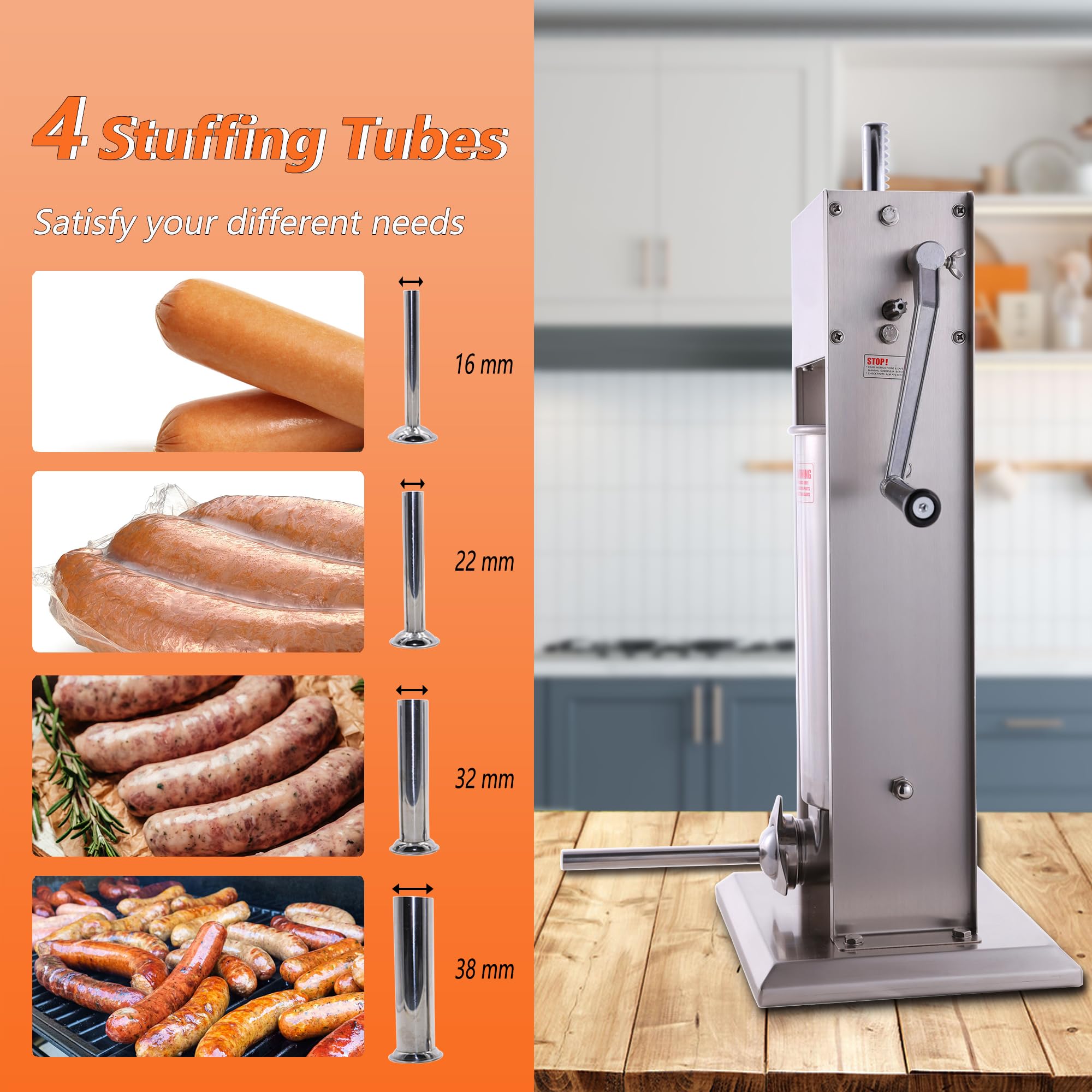 15 Lb/7 L Stainless Steel Vertical Sausage Stuffer Maker - 2 Speed Heavy Duty Sausage Filler for Home Kitchen & Commercial Use | Perfect for Making Italian, Bratwurst, Chorizo & Breakfast Sausages