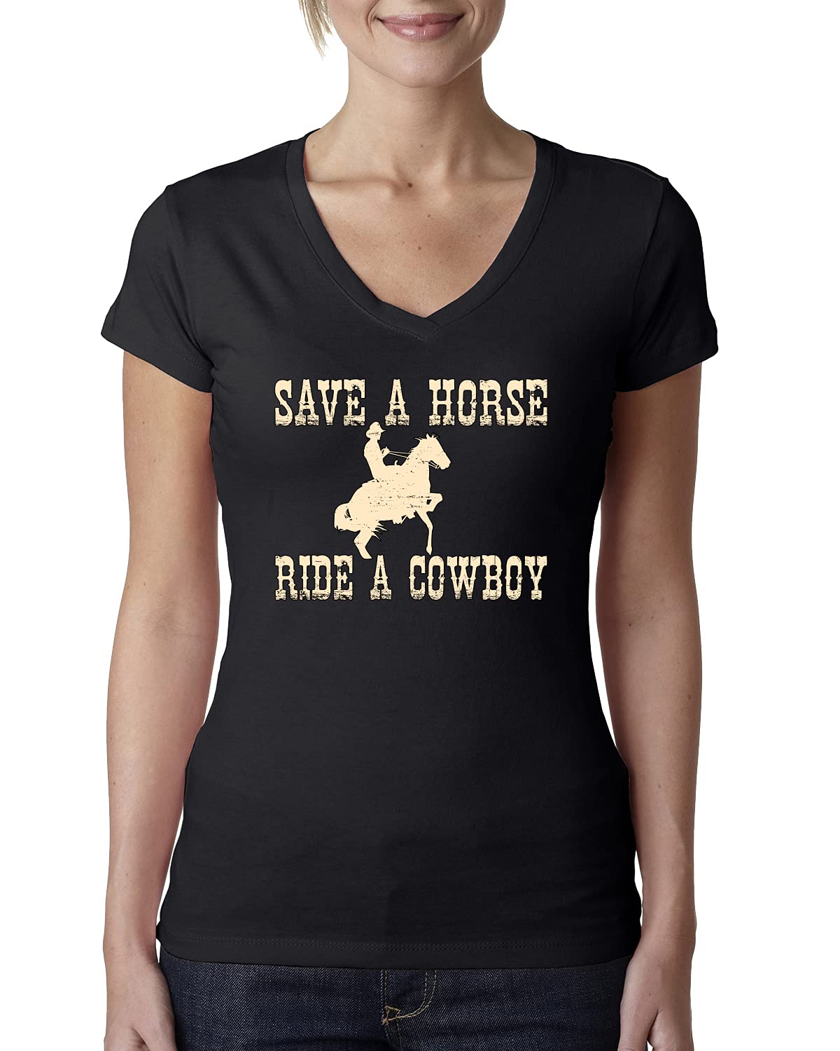 Save A Horse Ride A Cowboy Women's V-Neck T-Shirt - Trendy Pop Culture Tee for Western Style & Cowgirl Fashion - Perfect for Concerts, Rodeos & Country Themed Parties