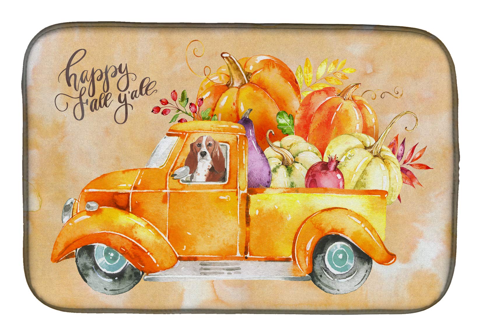 Fall Harvest Basset Hound Dish Drying Mat - Absorbent Kitchen Counter Pad for Dishes (14x21
