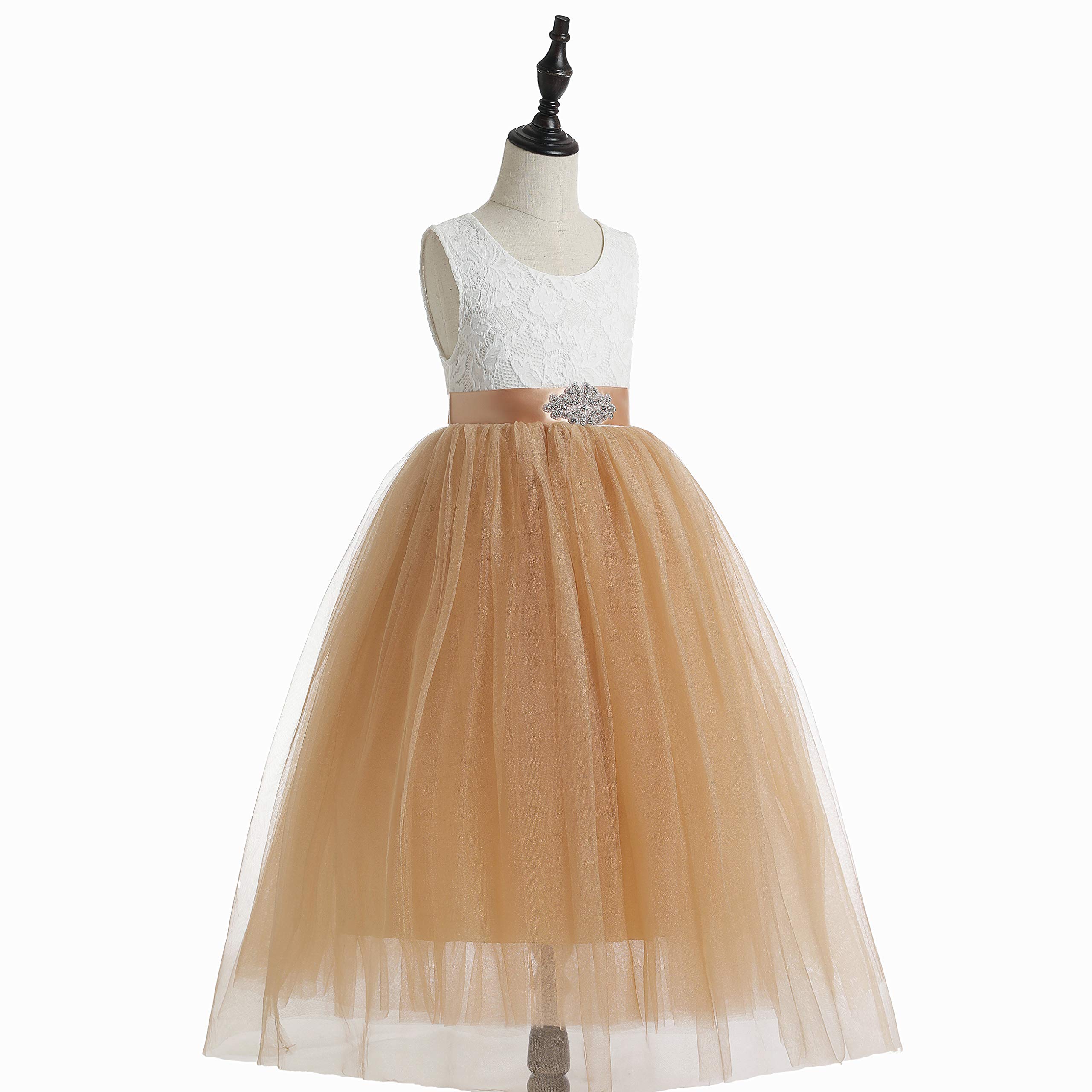 Glamulice Sleeveless Flower Girl Dress - A-Line Tulle Princess Party Gown with Lace & Backless Design for Weddings, Birthday, Pageant & Special Occasions