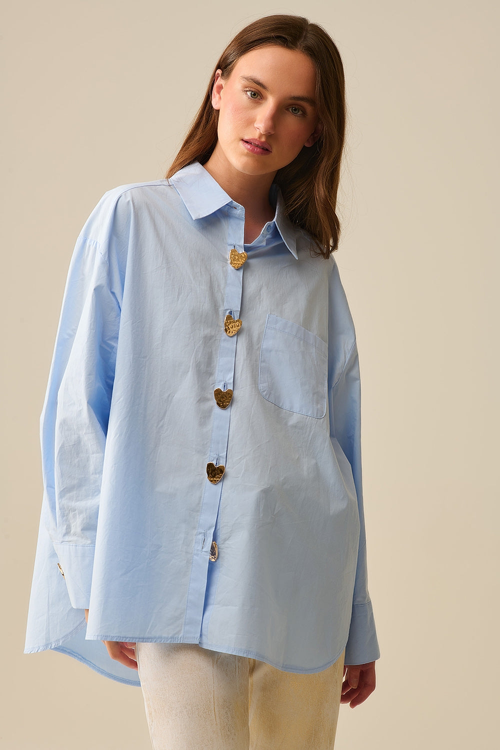 Blue Poplin Casual Shirt with Gold Heart Buttons - Perfect for Everyday Wear, Date Nights & Office Outfits