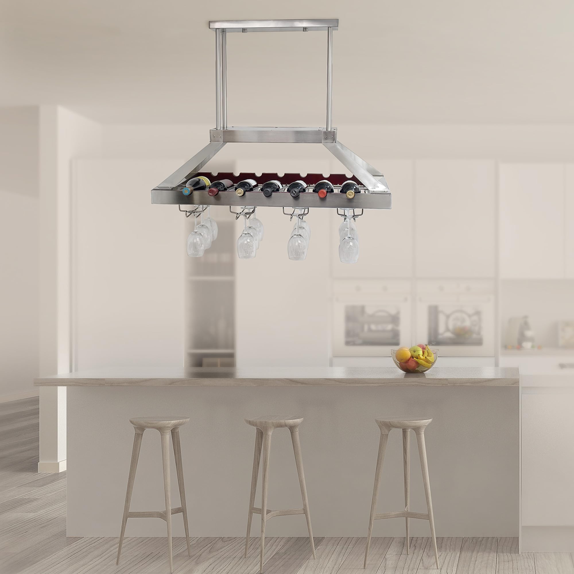 Elegant WR1000-BSN Brushed Nickel LED Pendant Light with Wine Rack - Modern Kitchen Island Hanging Chandelier for Bottle & Glass Storage Display - Perfect for Dining Room, Bar, and Restaurant Decor
