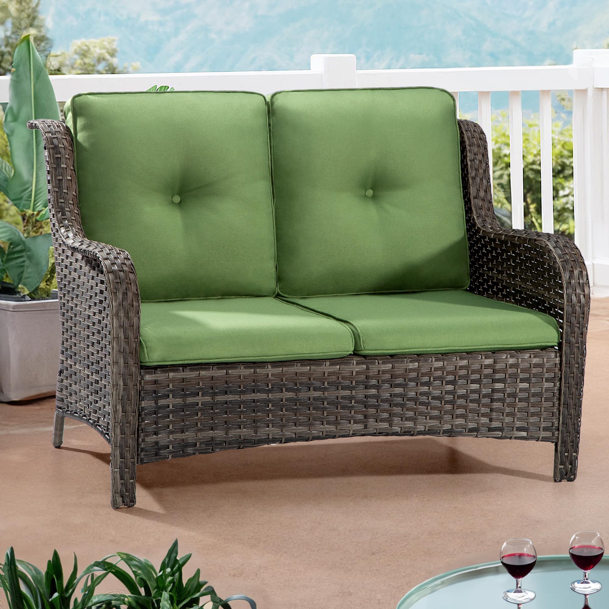 Wicker Patio Loveseat - 2-Seat Outdoor Couch with Deep Seating, High Back, Steel Frame & Cushion (Green) - Perfect for Garden, Balcony or Poolside Relaxation