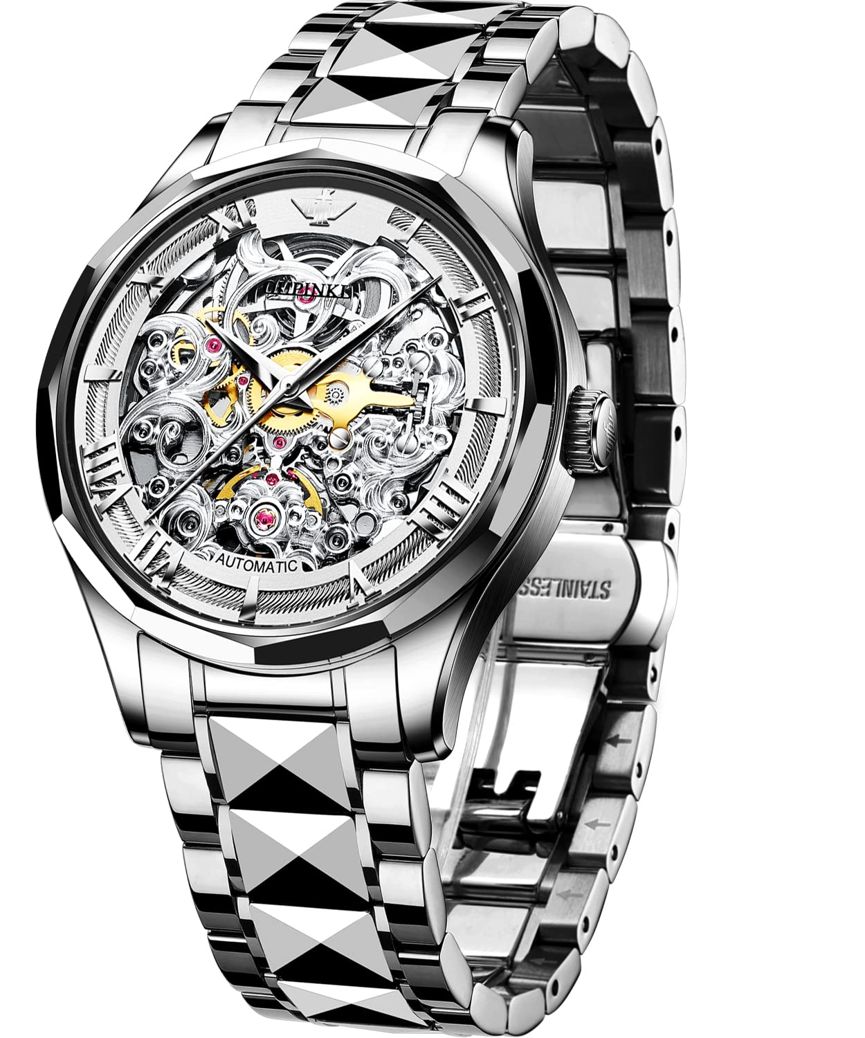 Premium Swiss OUPINKE Men's Luxury Skeleton Automatic Mechanical Watch - Self-Winding, Sapphire Crystal, Tungsten Case, 50M Waterproof - Perfect for Business, Formal Events & Gift Giving